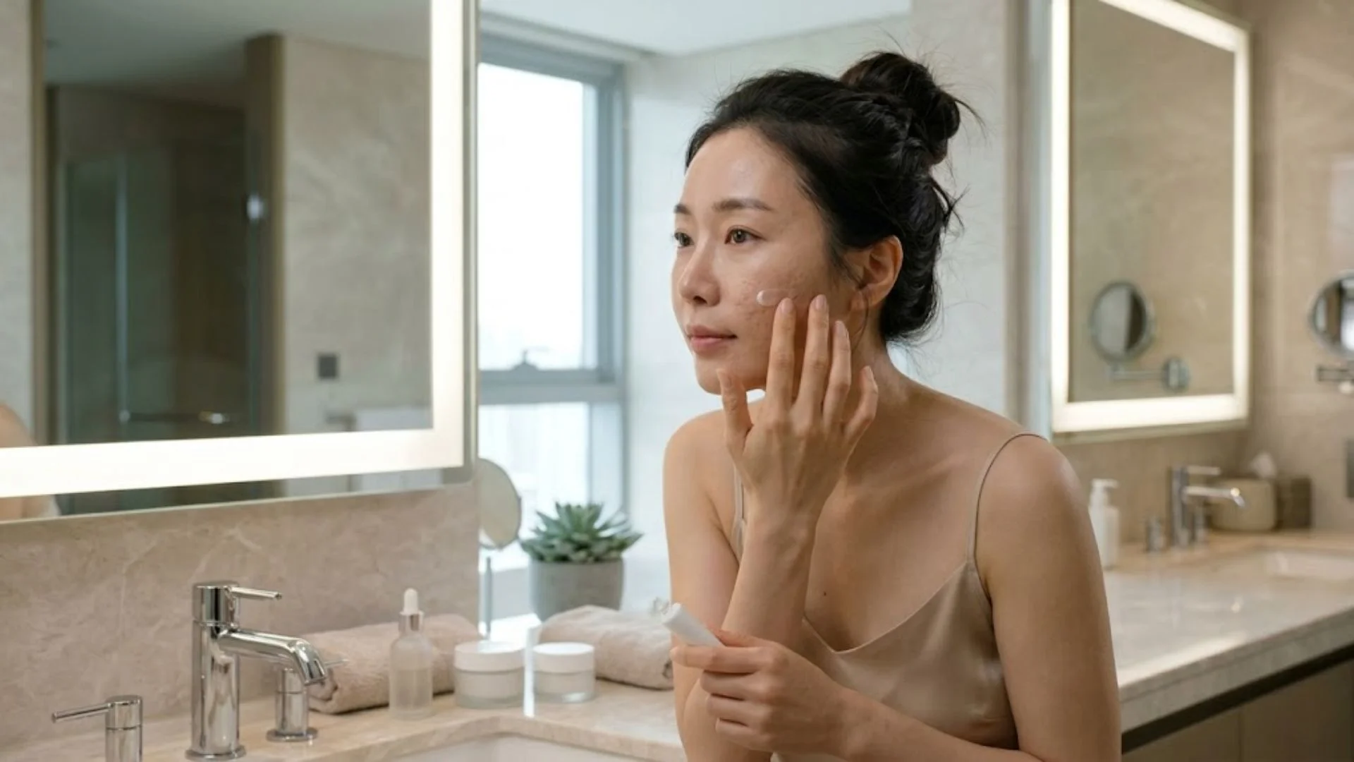 푹 패인 귤껍질 피부에 바르는 여드름 흉터 연고를 바르는 모습