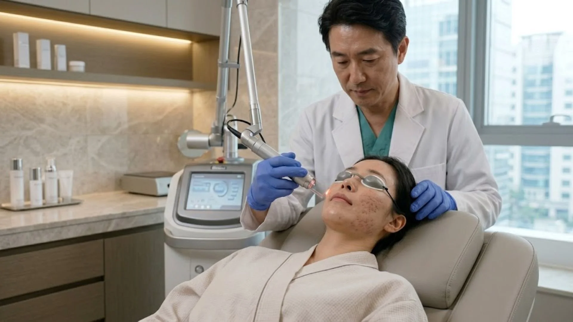 여드름 흉터 연고를 넘어 복합적인 여드름 흉터 치료를 받는 모습