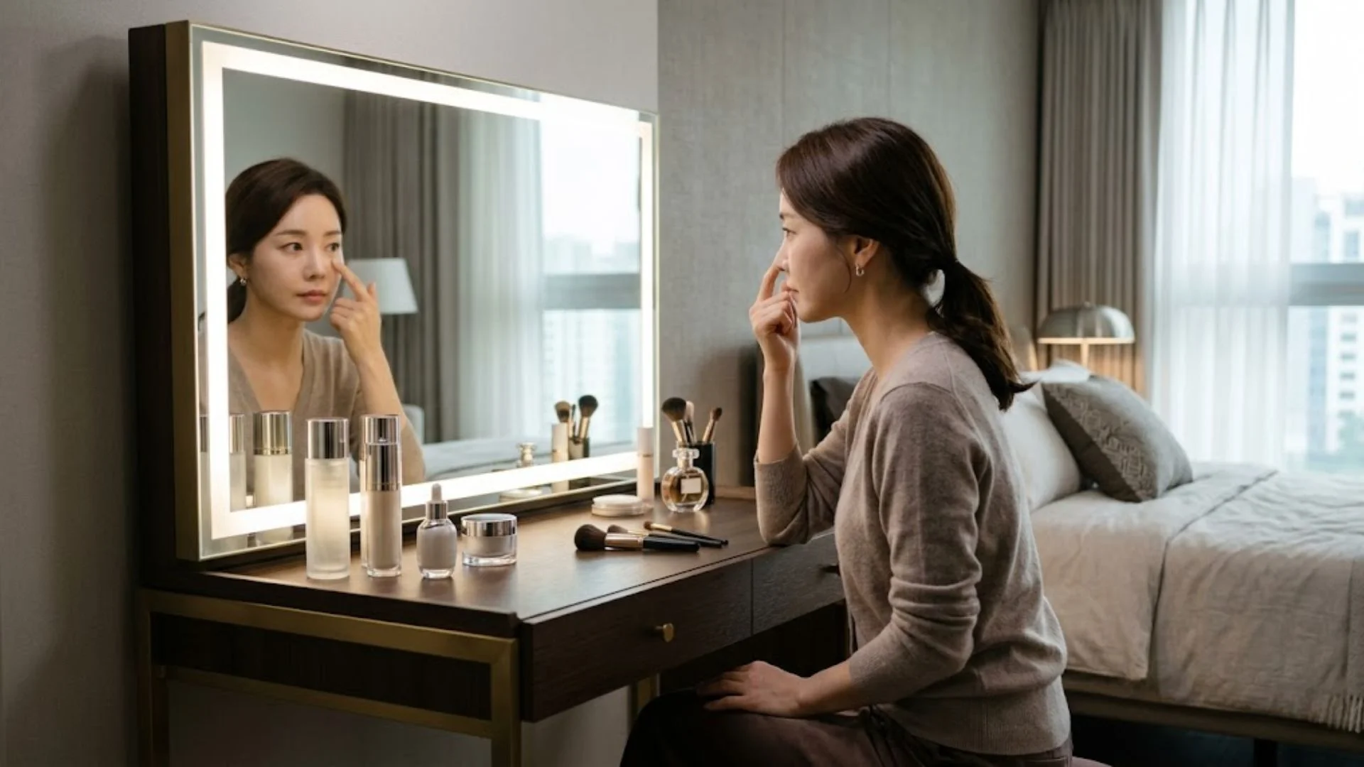 애교필러 전 거울을 통해 내 눈 밑 애교 주머니 크기를 파악하는 현실 조언