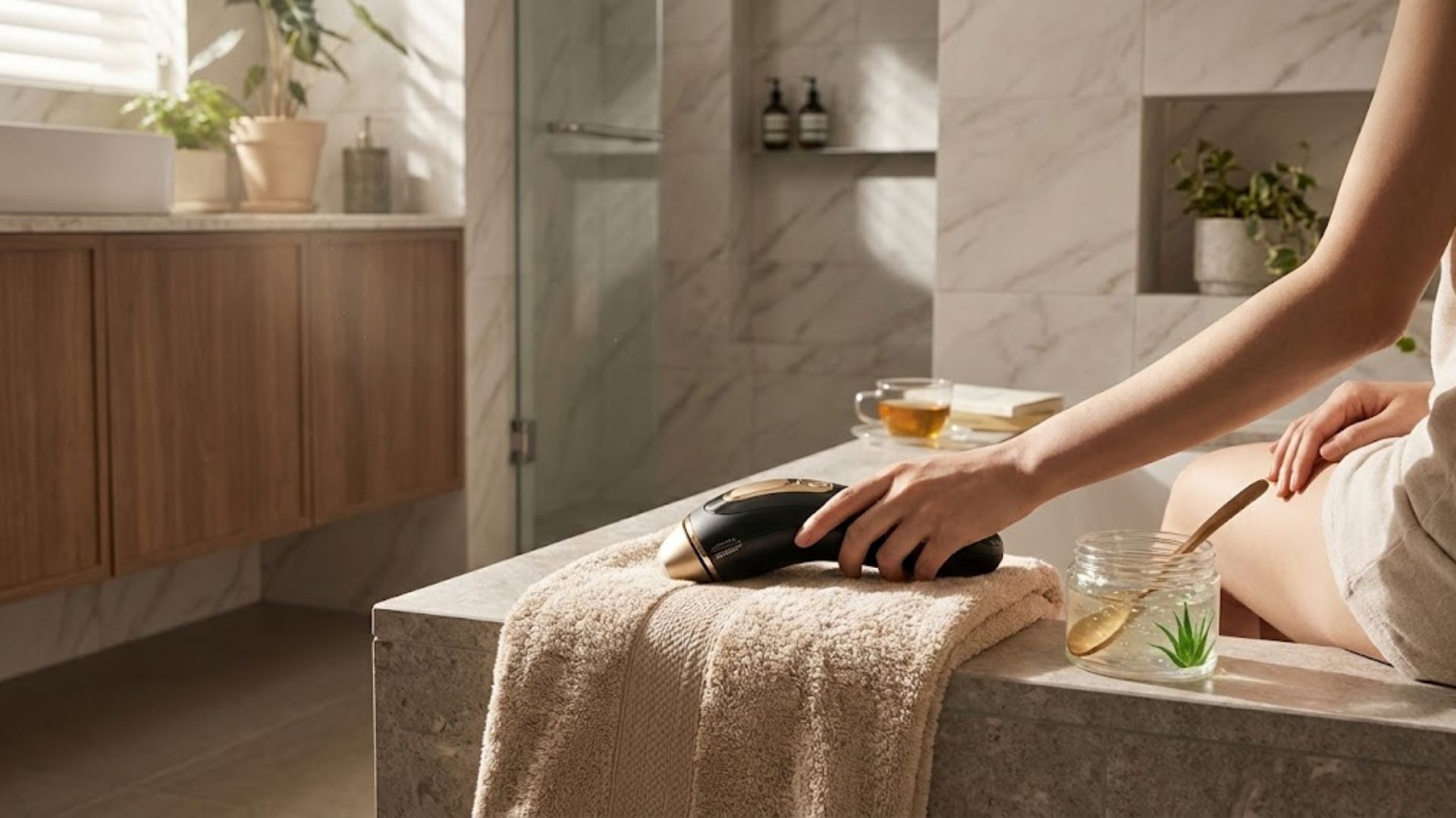 욕실에 놓인 수건과 알로에 젤, 그리고 가정용 레이저 제모기