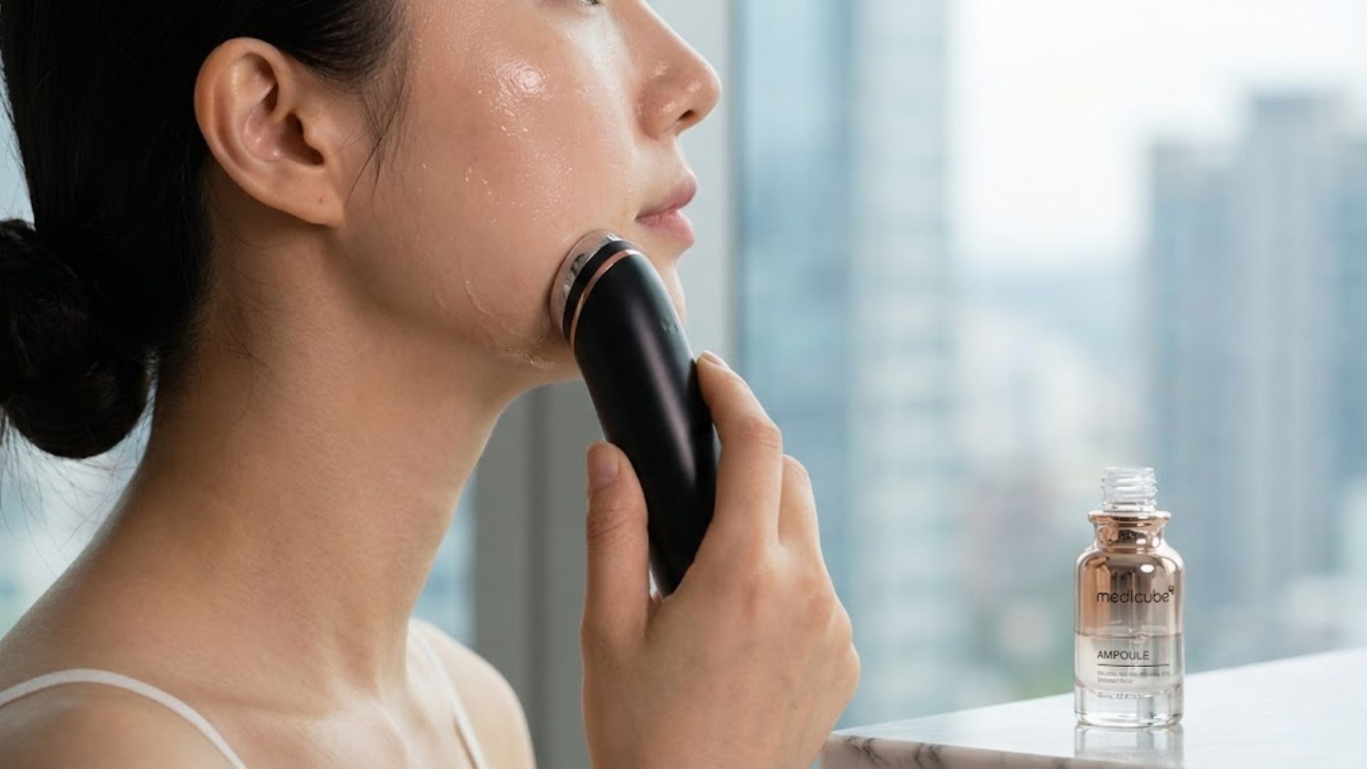 뷰티 디바이스 추천 제품인 갈바닉 기기를 사용하여 얼굴에 앰플을 흡수시키고 있는 여성의 클로즈업