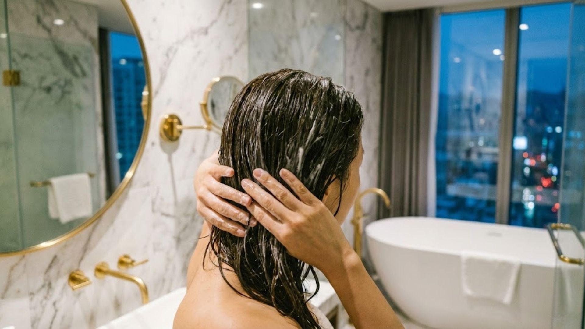 손상된 모발에 단백질 헤어팩을 듬뿍 바르고 핸들링하는 홈케어 루틴