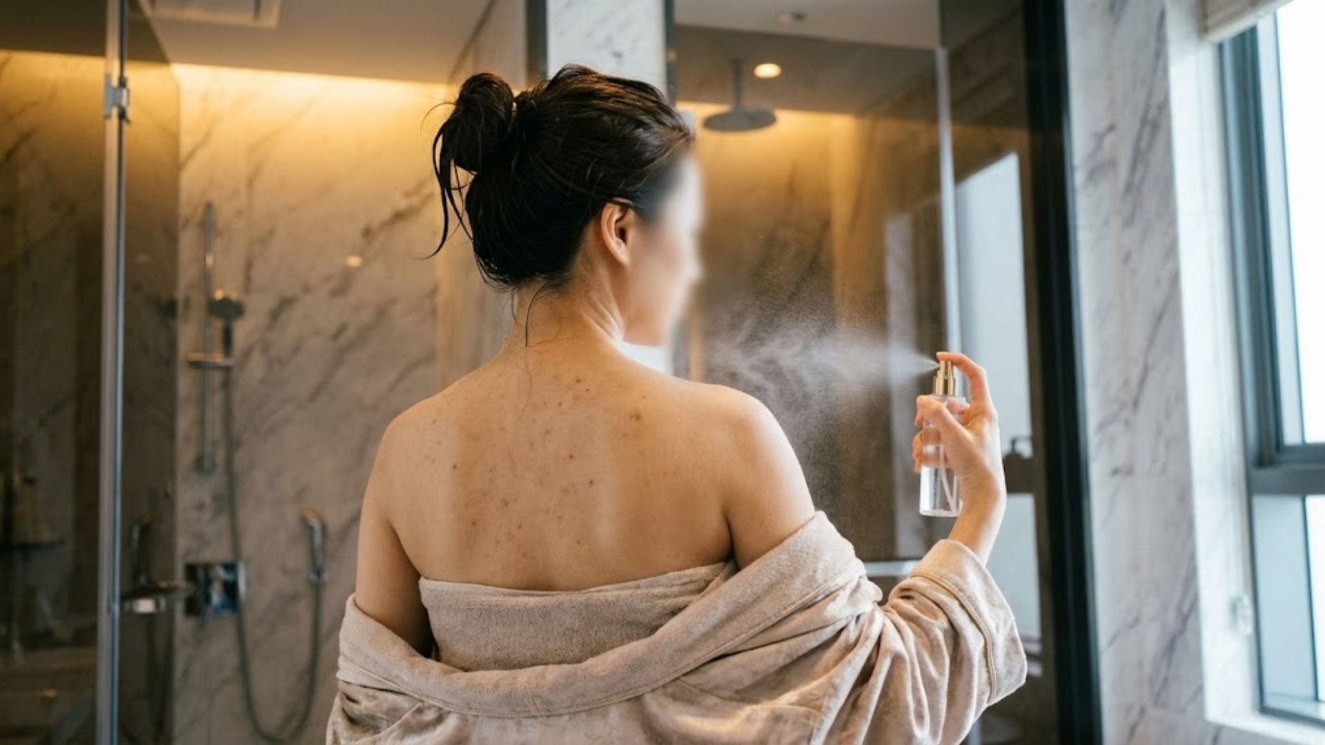 샤워 후 간편하게 바디미스트를 뿌리며 실천하는 등드름 없애는 법