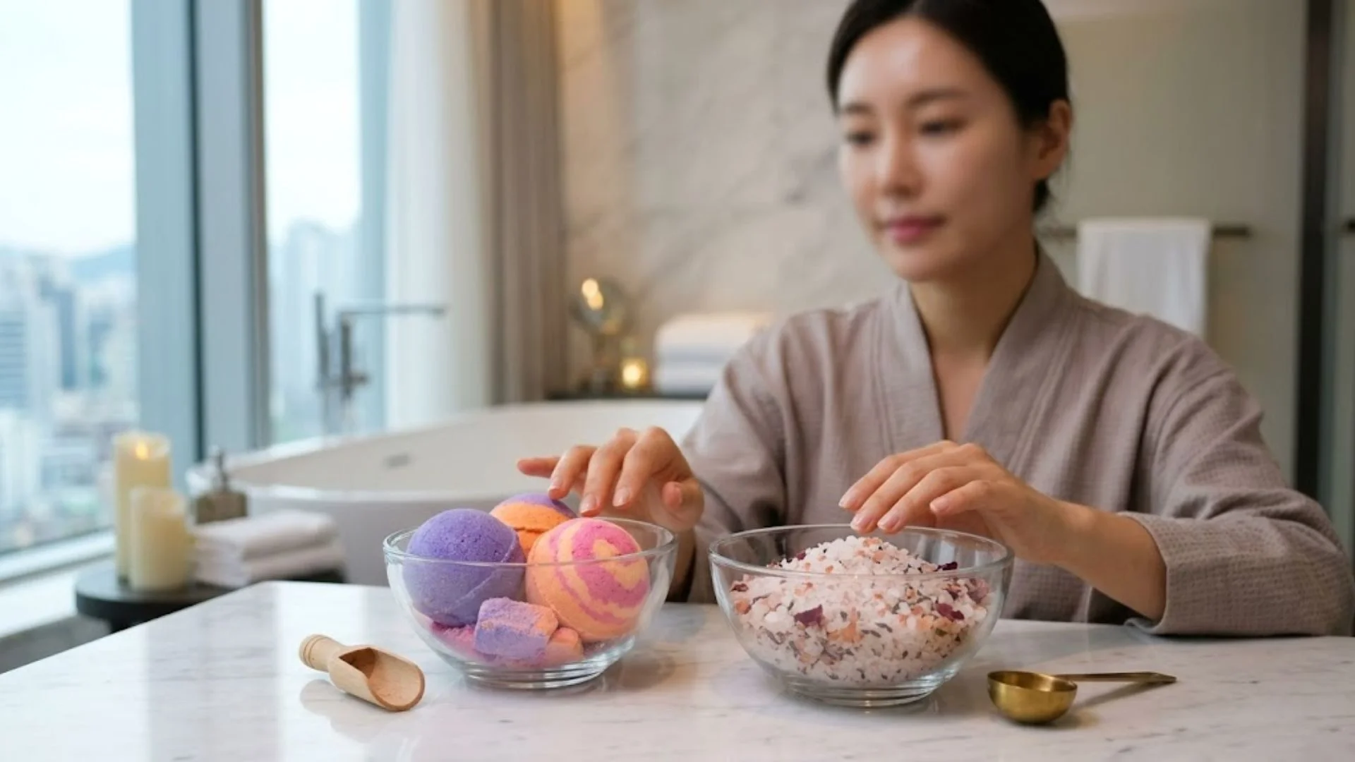 힐링 목적의 베쓰밤과 붓기 제거 목적의 배쓰솔트 제형 비교