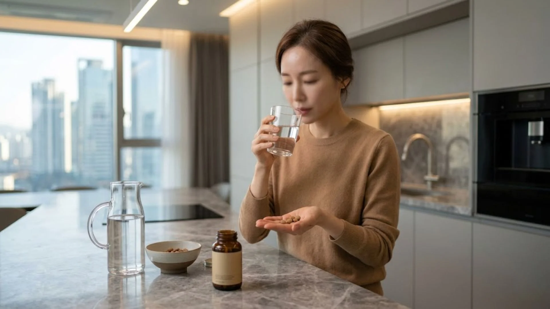가늘어지는 모발에 속부터 단백질을 채워주는 맥주효모 섭취 모습