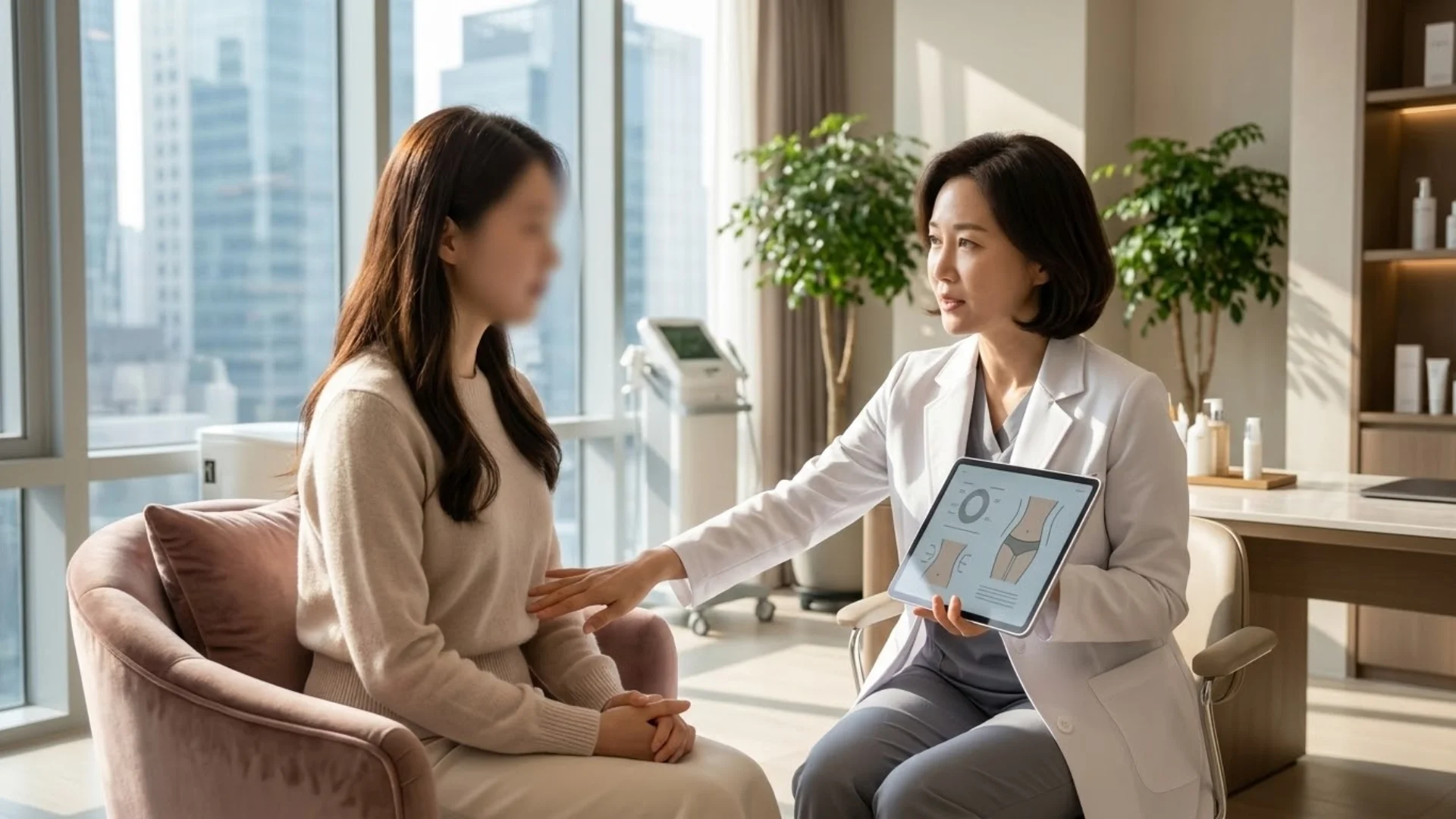 성공적인 허파고리술 디자인을 위해 피부과 전문의와 골반 라인을 상담하는 모습