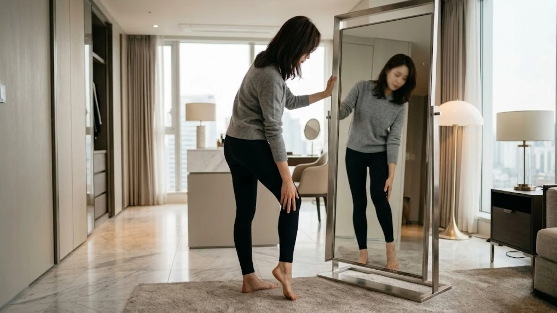 까치발을 들어 단단한 종아리근육뭉침을 먼저 파악하는 종아리알빼는법 팩트체크