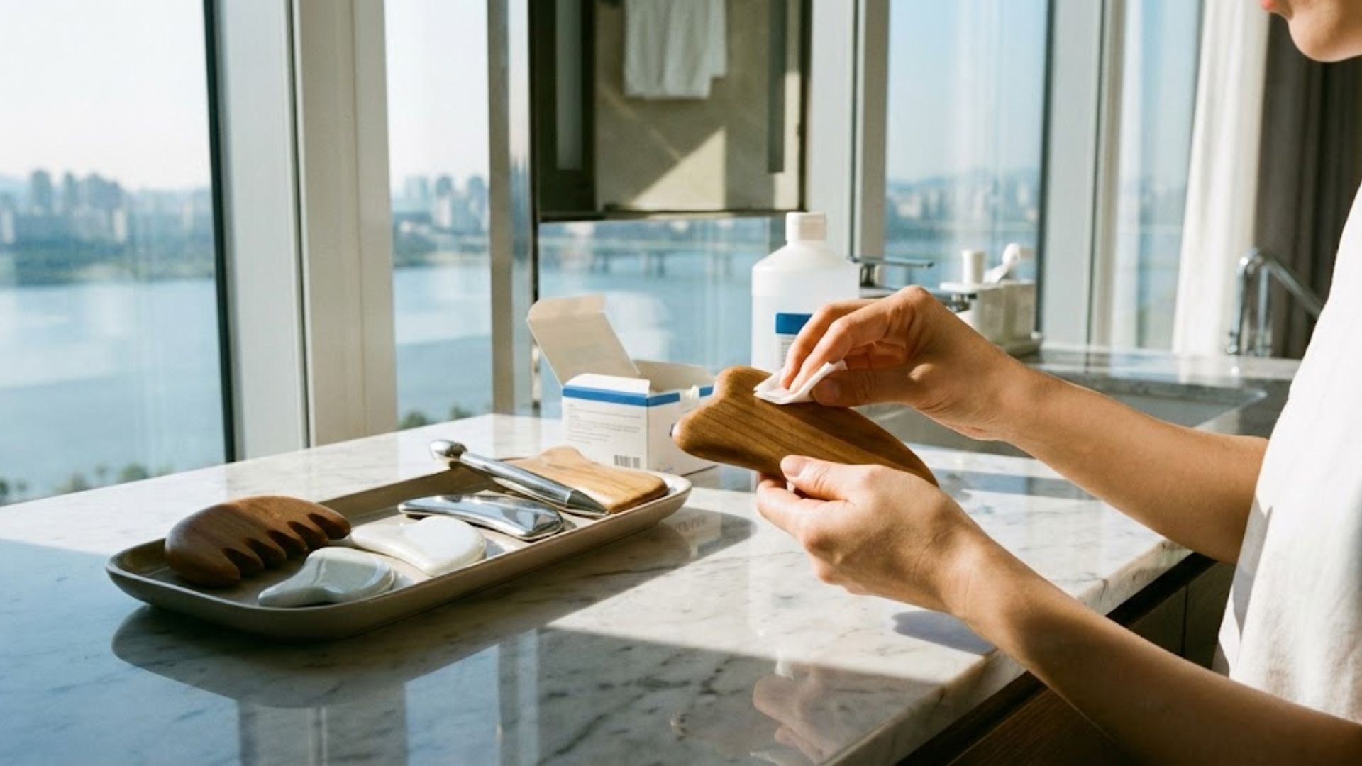 두피괄사 부작용 예방을 위해 알코올 솜으로 괄사 도구를 닦으며 관리하는 모습