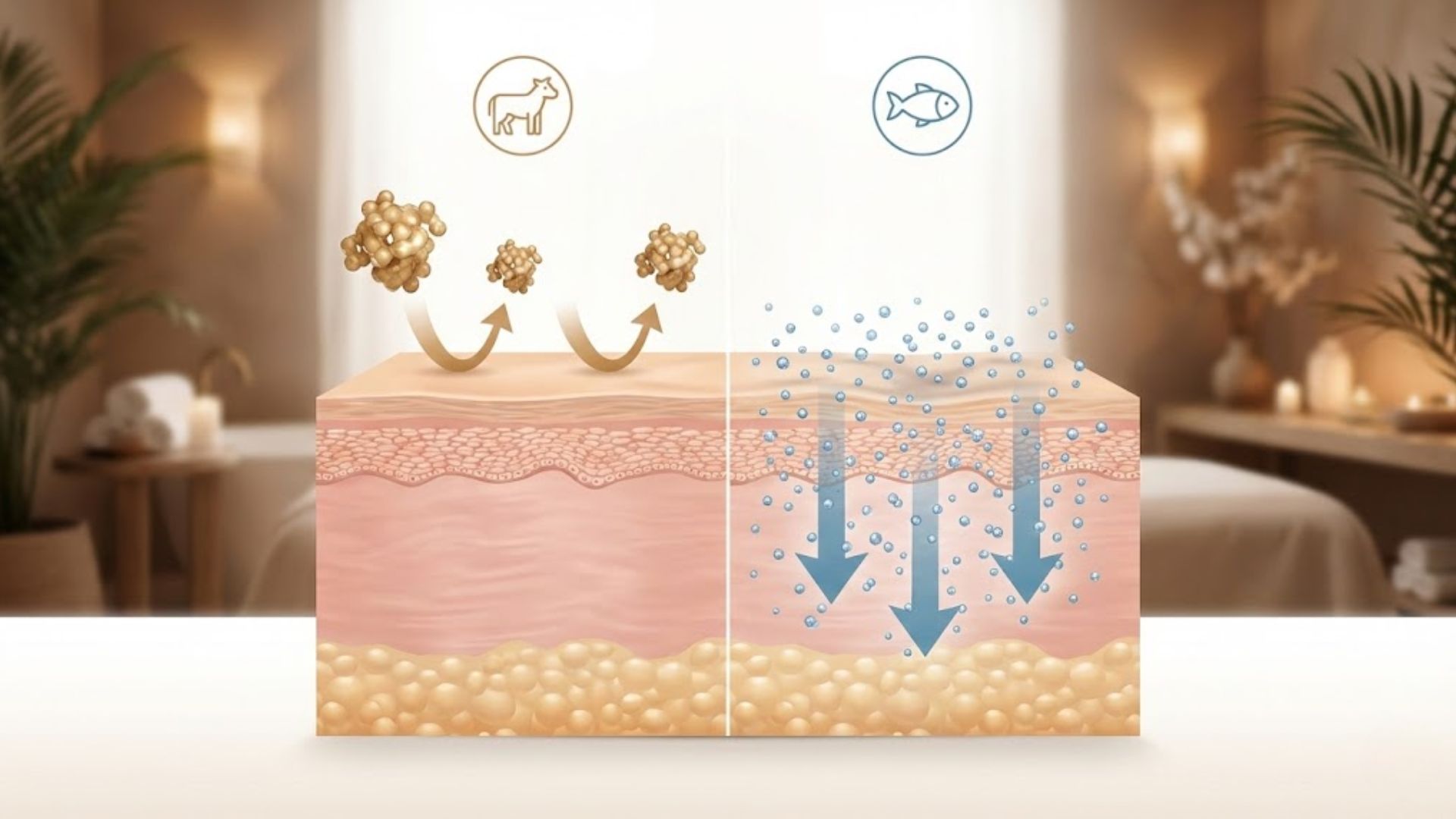 일반 콜라겐과 저분자피쉬콜라겐의 체내 흡수율 차이를 보여주는 비교 이미지