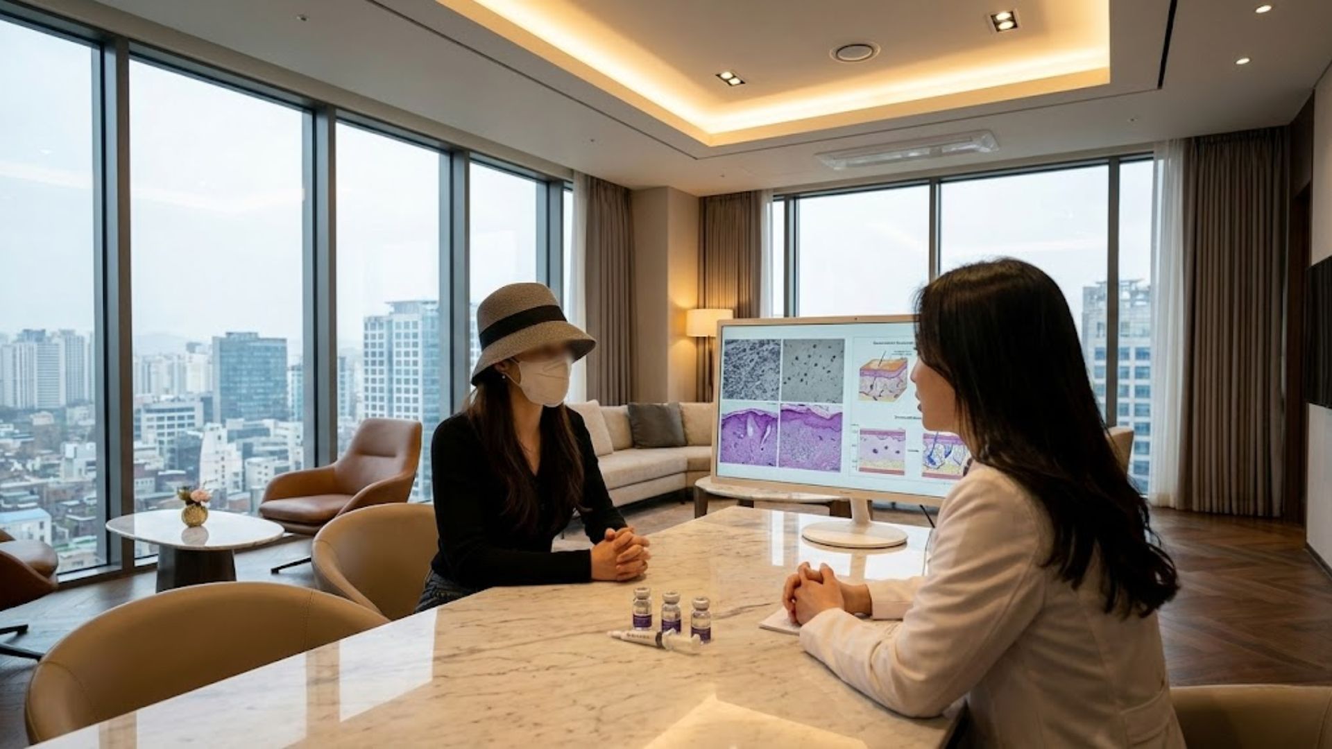 피부과에서 모공 축소를 위해 엑소좀 시술 상담을 받는 모습