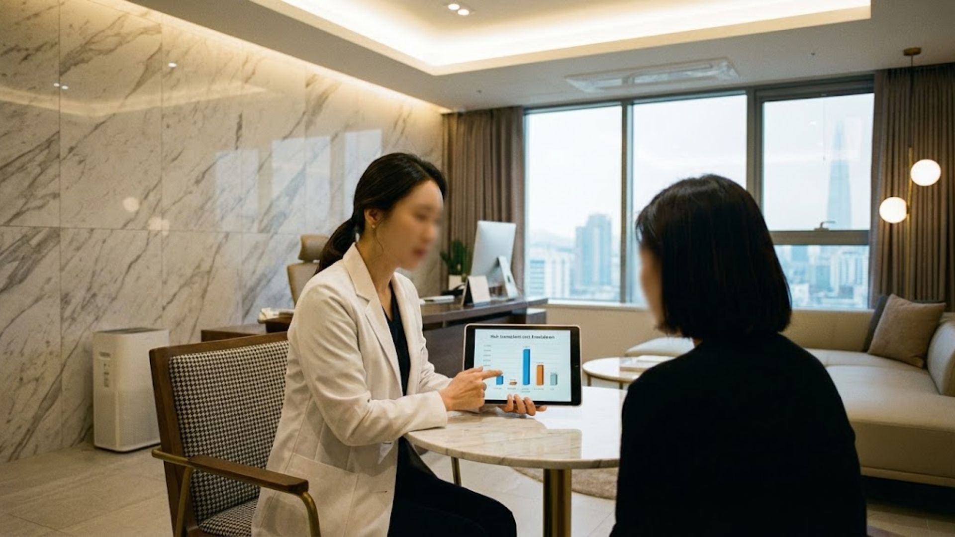 고급스러운 피부과 상담실에서 의사가 태블릿으로 모발이식비용 견적을 설명하는 모습