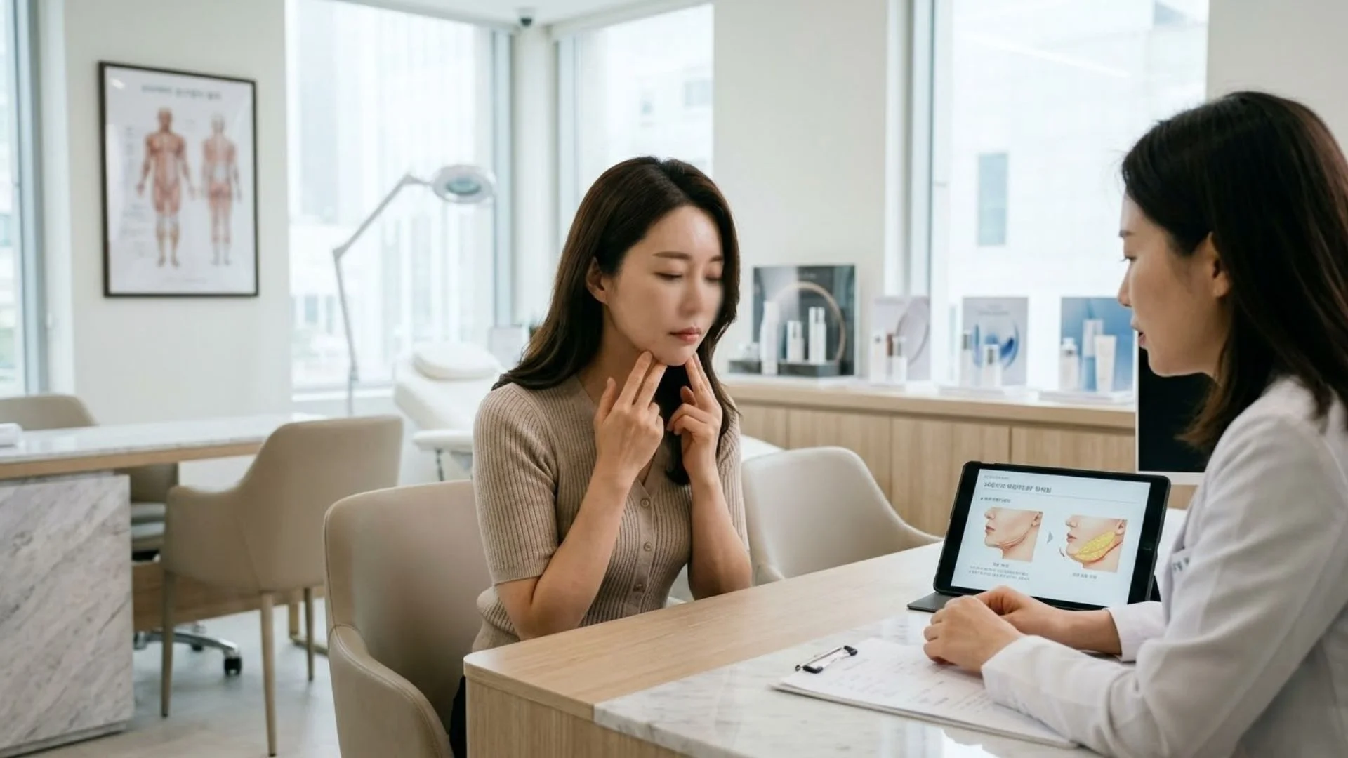 두툼한 턱살 고민을 해결하기 위해 이중턱살 주사 상담을 받는 모습