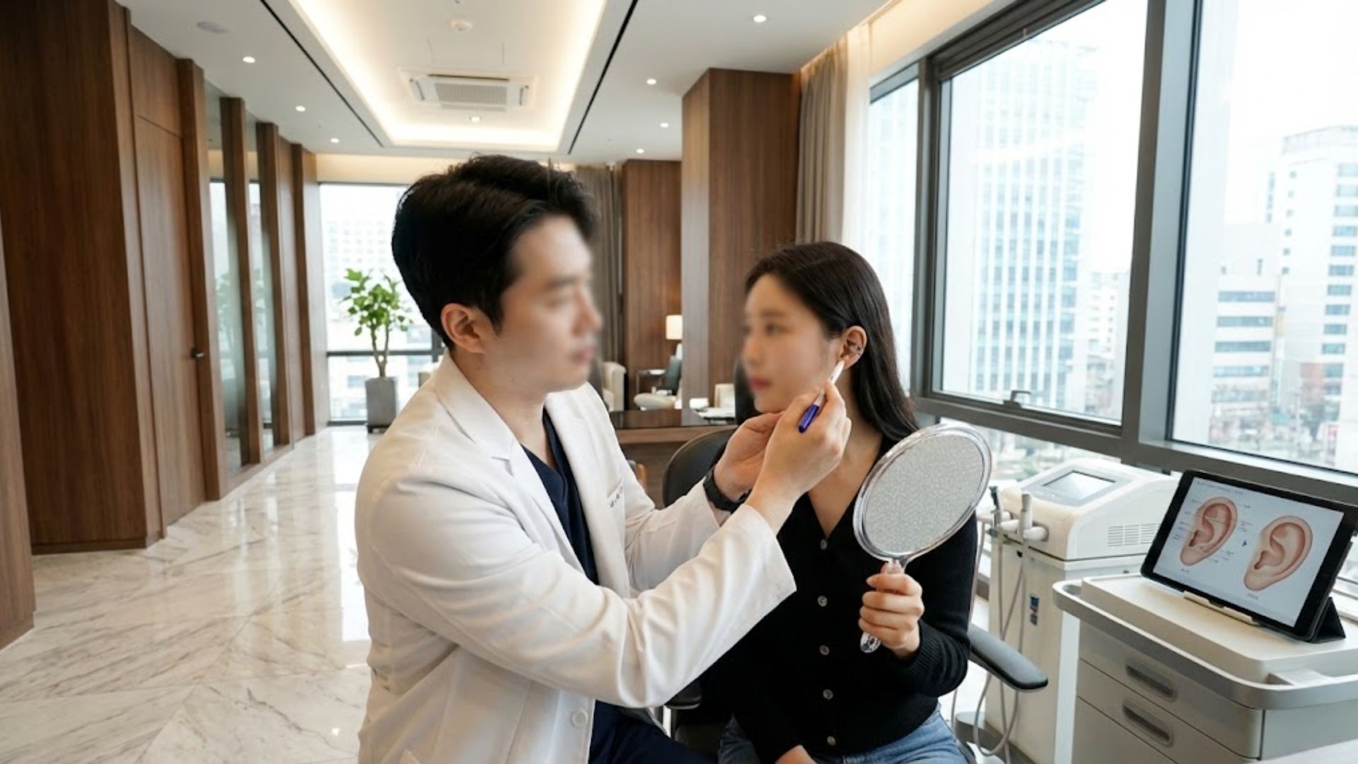귀필러 가격 상담을 받으며 거울을 보고 디자인을 확인하는 20대 여성