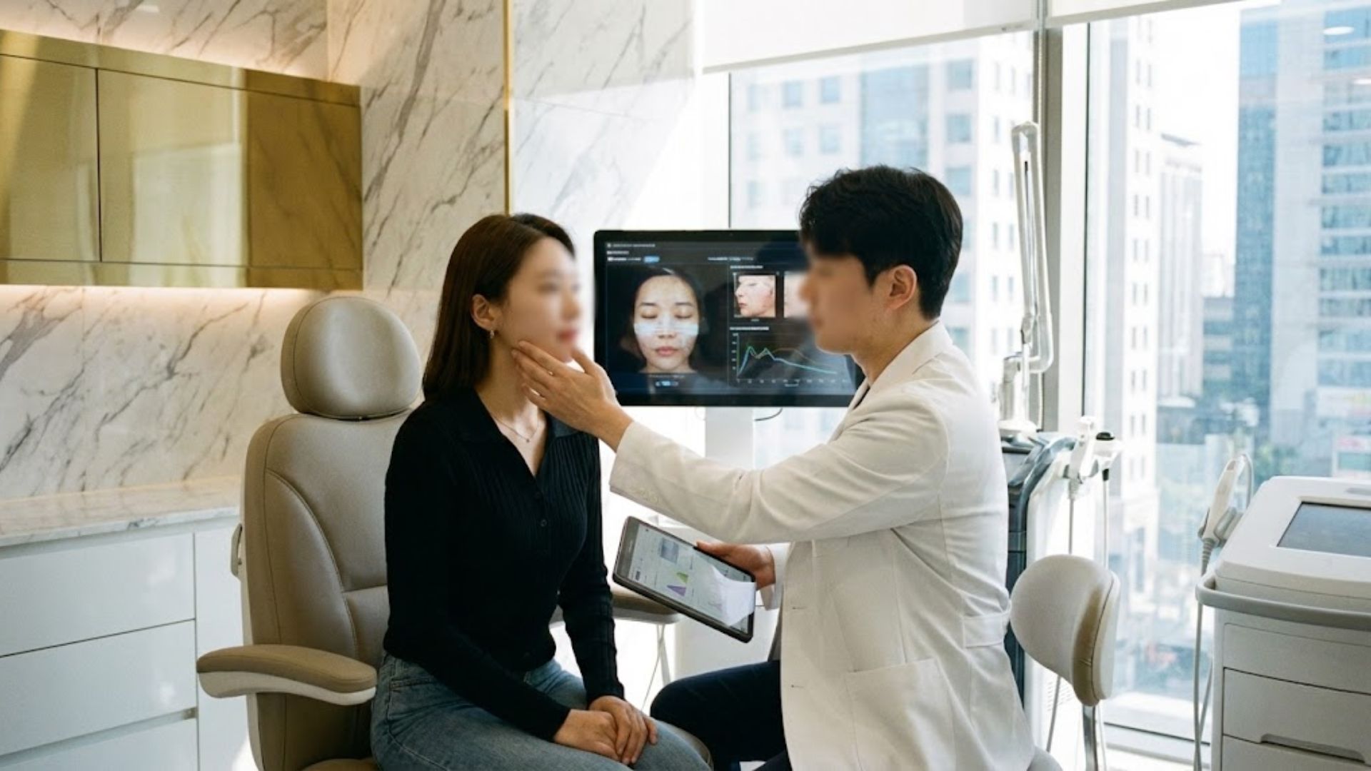 얼굴 여백 줄이기 시술 전 의사와 함께 턱선과 피부 탄력을 진단하는 모습