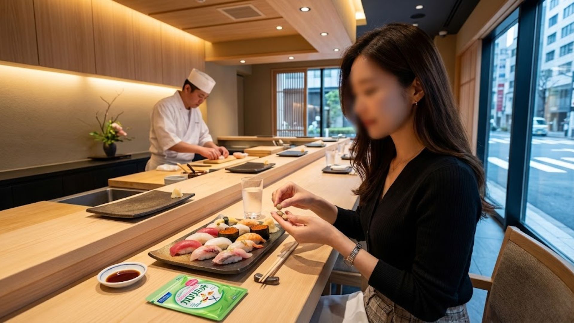 맛있는 음식 앞에서 일본 다이어트 보조제 판클 칼로리미트를 섭취하는 모습