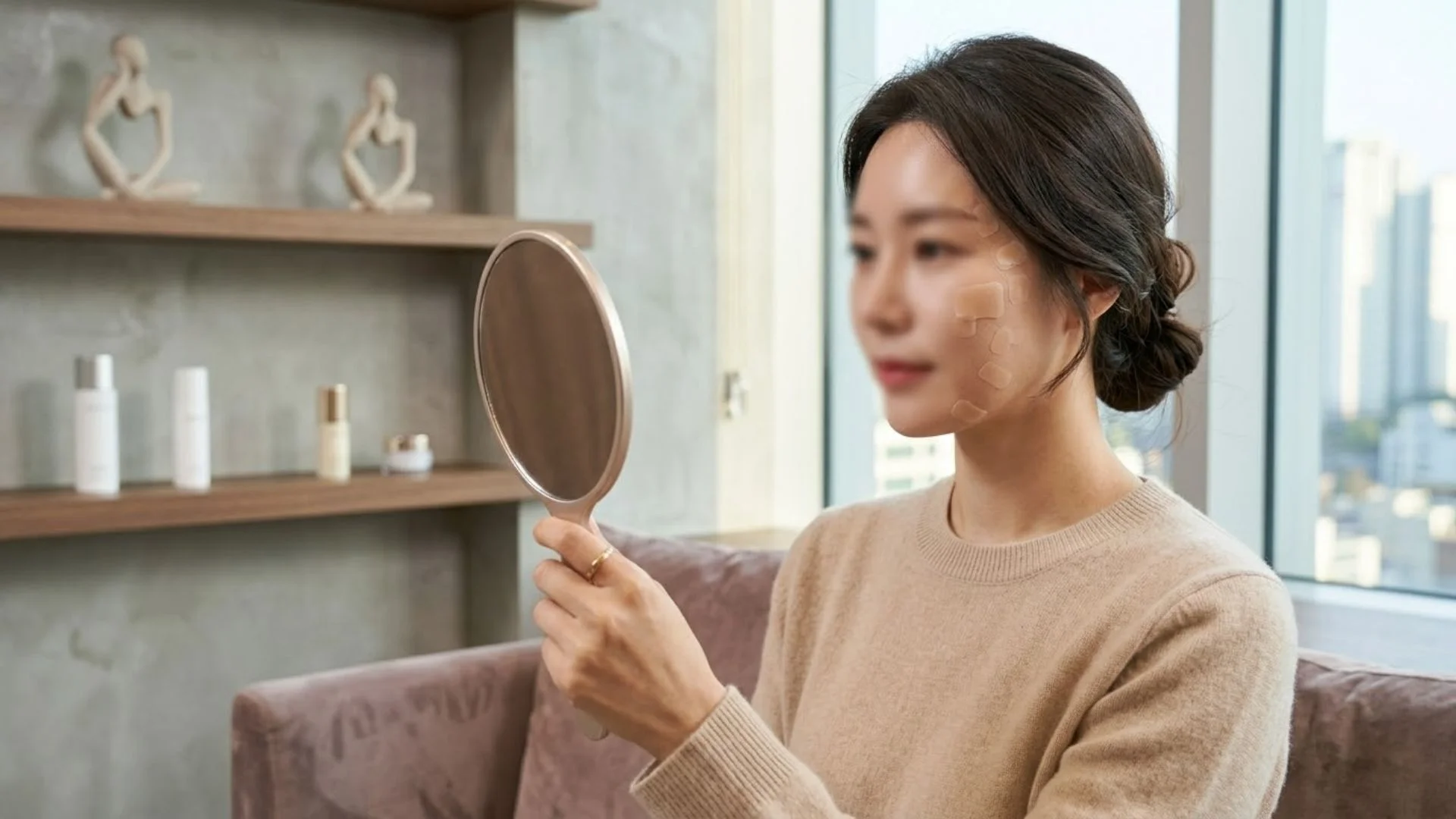 성공적인 편평사마귀제거 후 관리로 재생 테이프를 꼼꼼히 붙인 여성의 모습