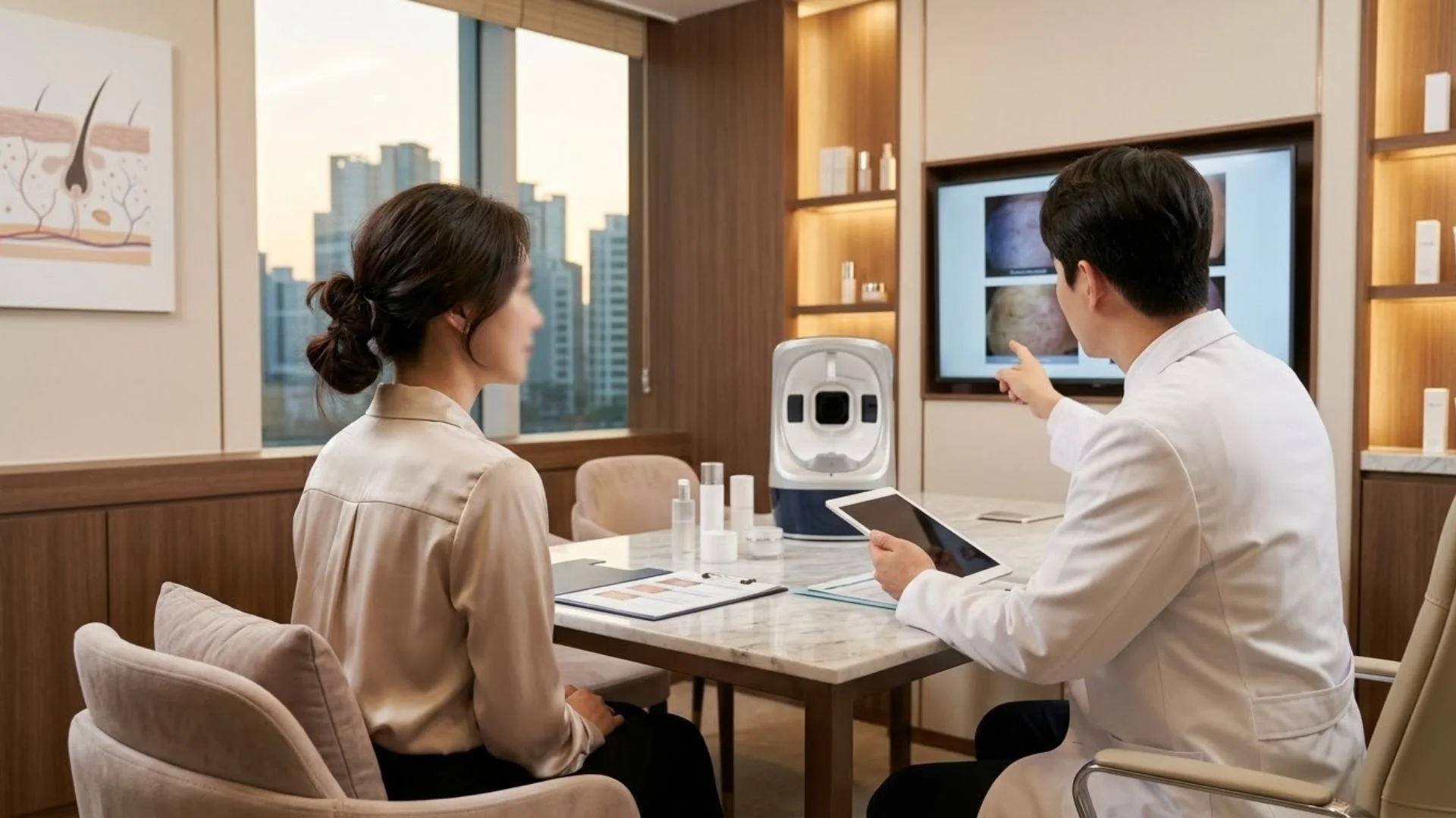 좁쌀인 줄 알았던 얼굴 편평사마귀제거 상담을 받는 30대 여성