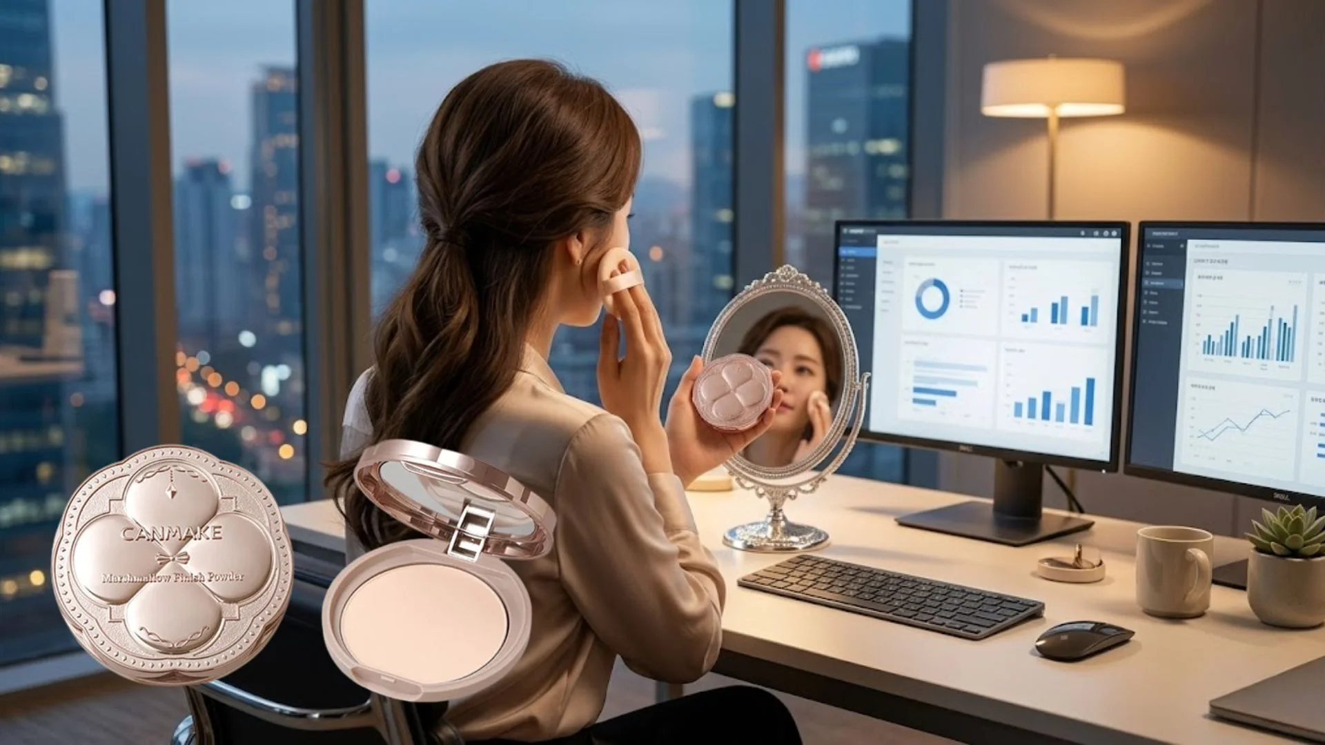 얇은 베이스 위 나비존 모공과 요철을 가볍게 블러 처리하는 일본 캔메이크 파우더