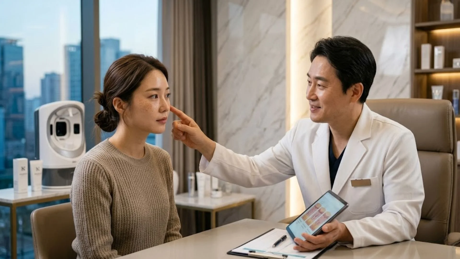 컨실러로 가려지지 않는 주근깨와 잡티 고민을 해결하기 위해 피부과 상담을 받는 모습