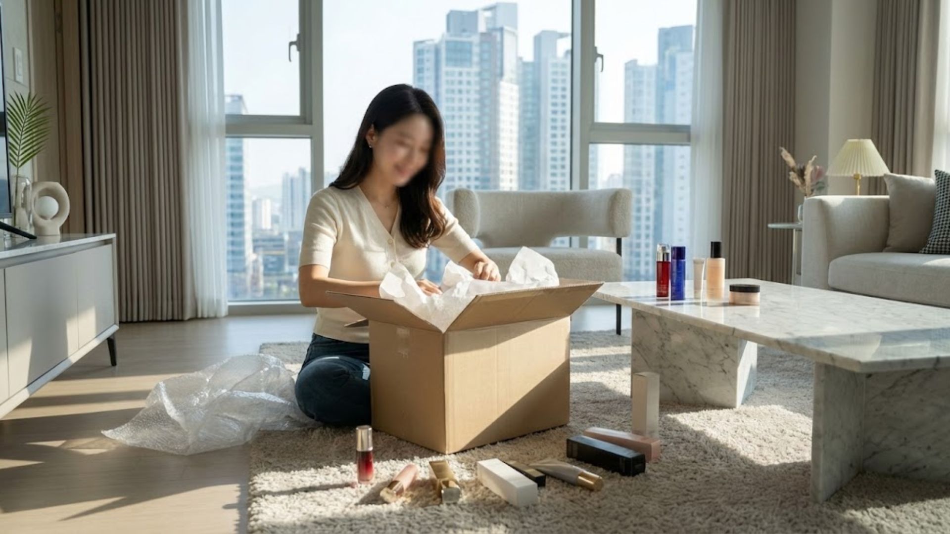 해외 직구 사이트인 룩판타스틱에서 구매하여 도착한 화장품 박스를 언박싱하는 모습