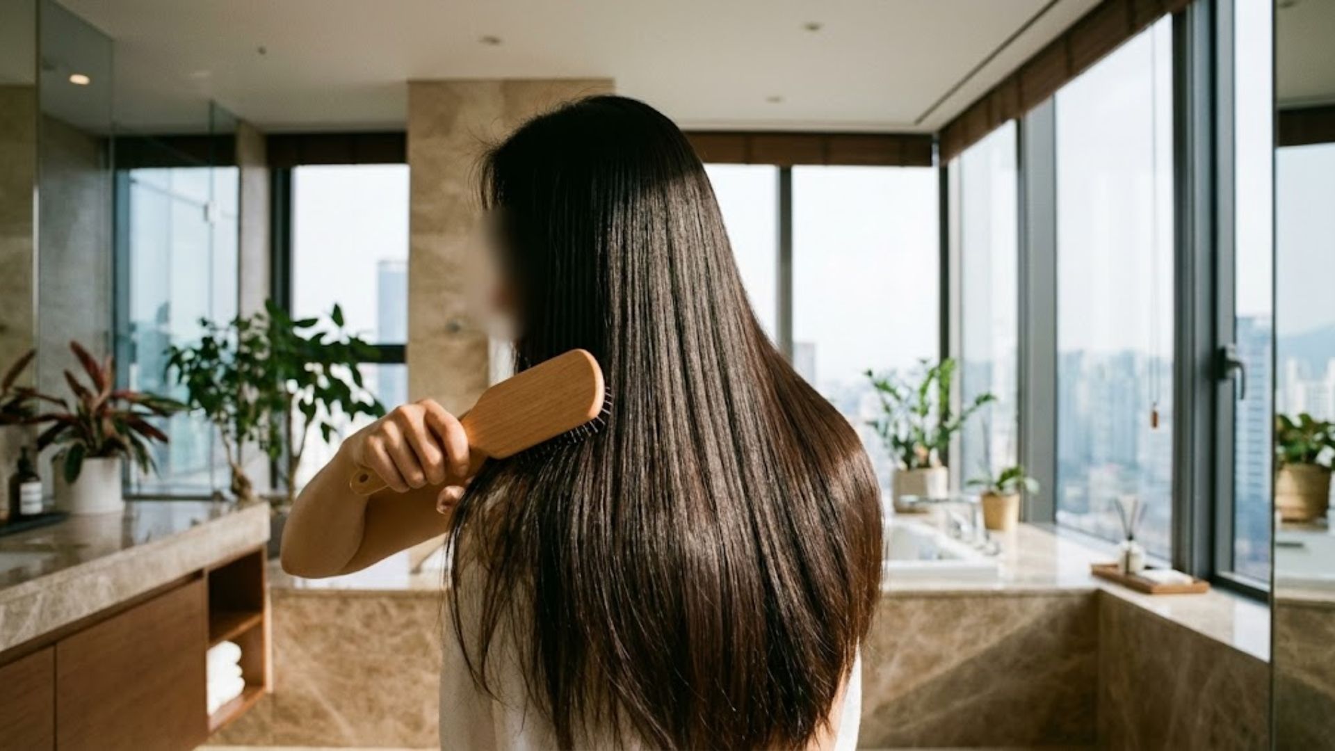 샴푸 전 엉킨 머리를 부드럽게 빗질하여 머릿결 좋아지는 법을 실천하는 모습