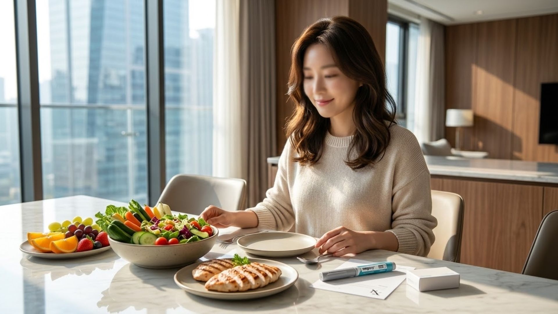 위고비 효과를 극대화하고 부작용을 줄이기 위해 건강한 식단 관리를 하는 모습