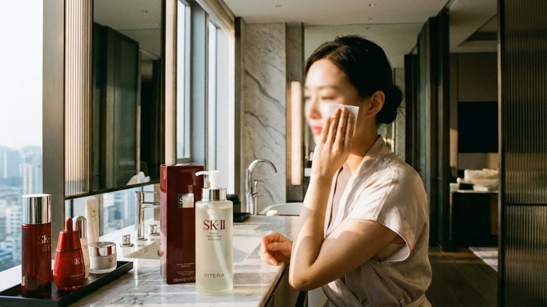 일본 화장품 추천 하이엔드 브랜드 제품으로 스킨케어를 하는 맑은 피부의 여성 모습