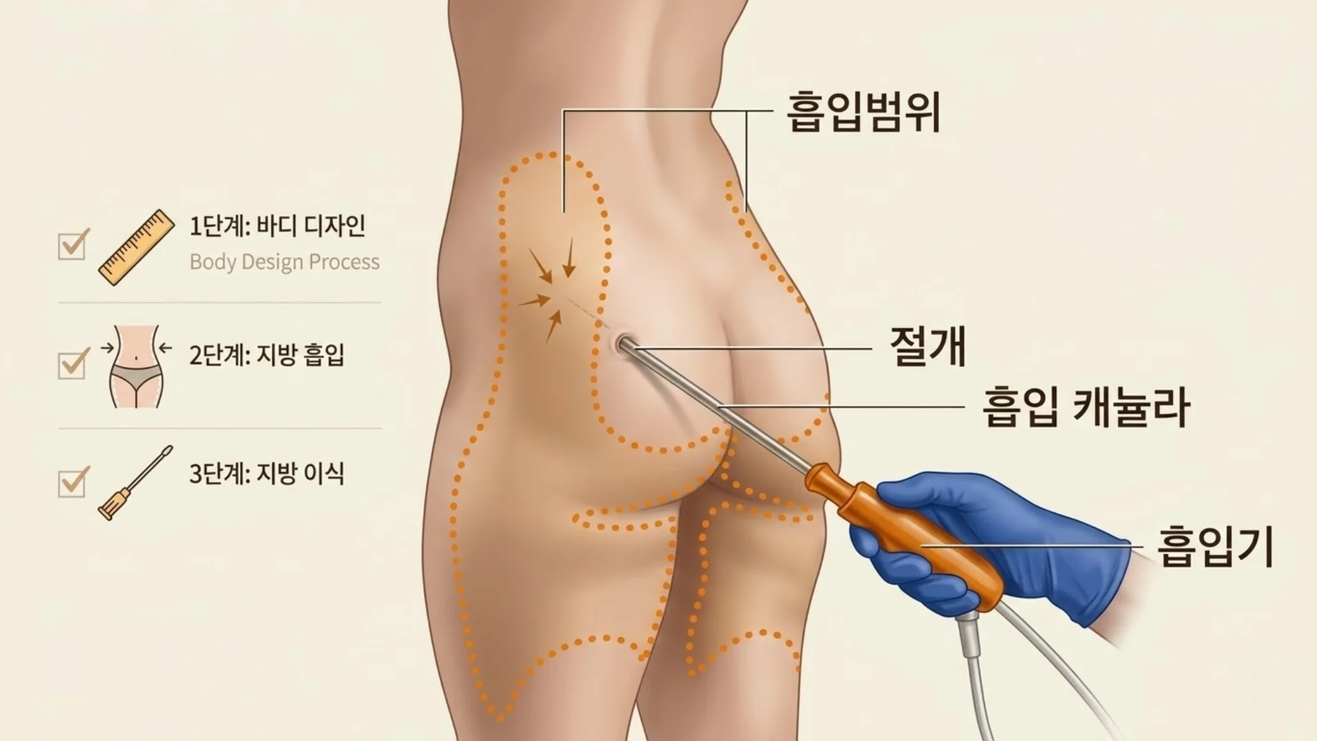 푹 꺼진 힙딥을 채우고 승마살을 정리하는 허파고리술 바디 디자인 과정