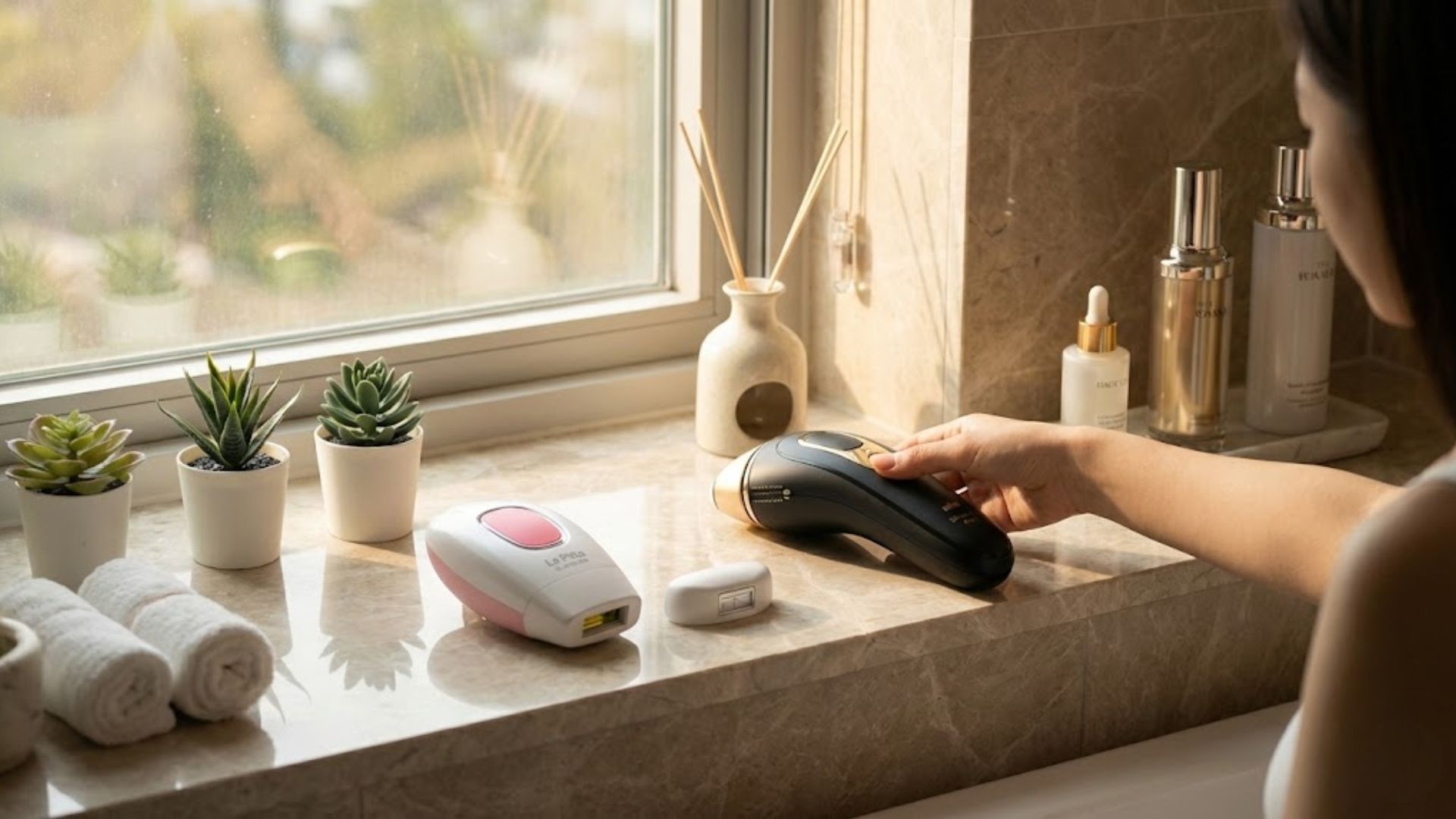 욕실 선반 위에 놓인 기본형 제모기와 쿨링 기능성 제모기 비교