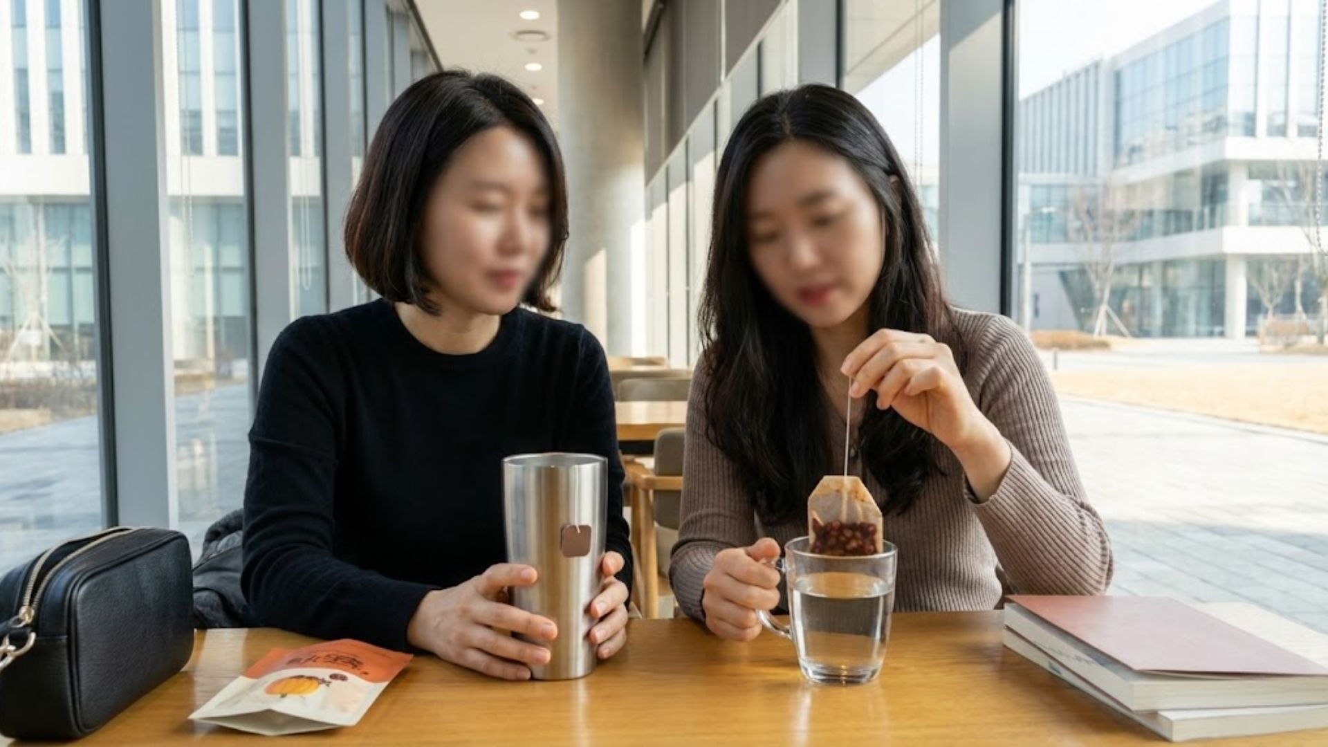 텀블러에 담긴 아이돌 붓기차와 간편하게 즐기는 호박팥차 티백 비교