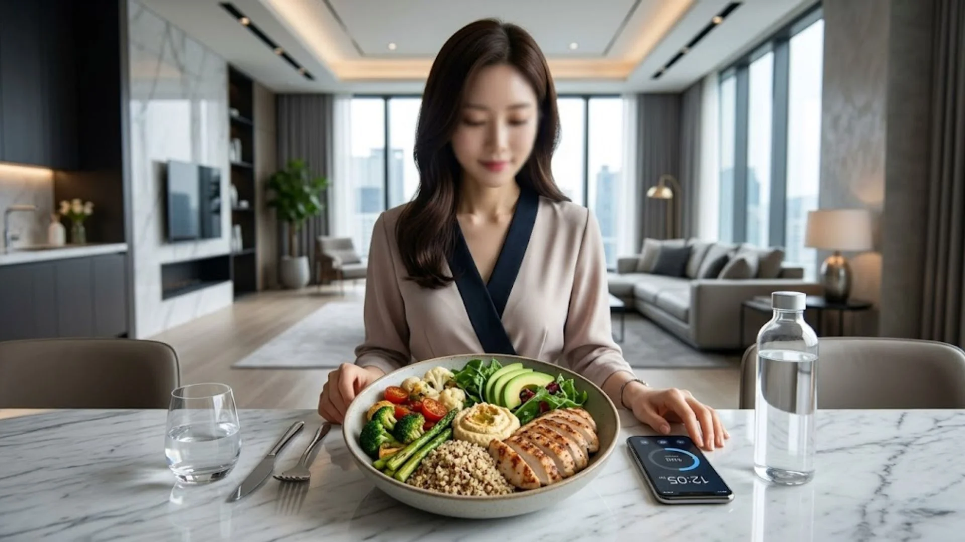 간헐적단식시간 준수를 돕는 탁상시계와 영양 균형이 잡힌 식단