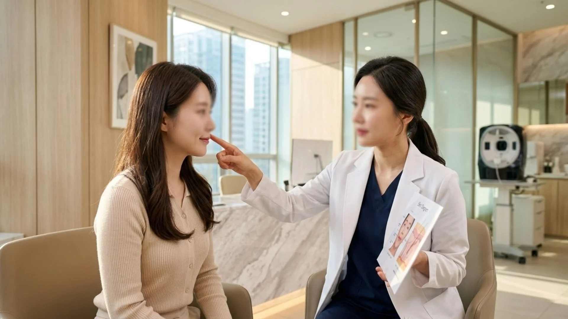 쥬베룩 볼륨 효과와 팔자주름 개선에 대해 피부과 전문의와 상담하는 모습