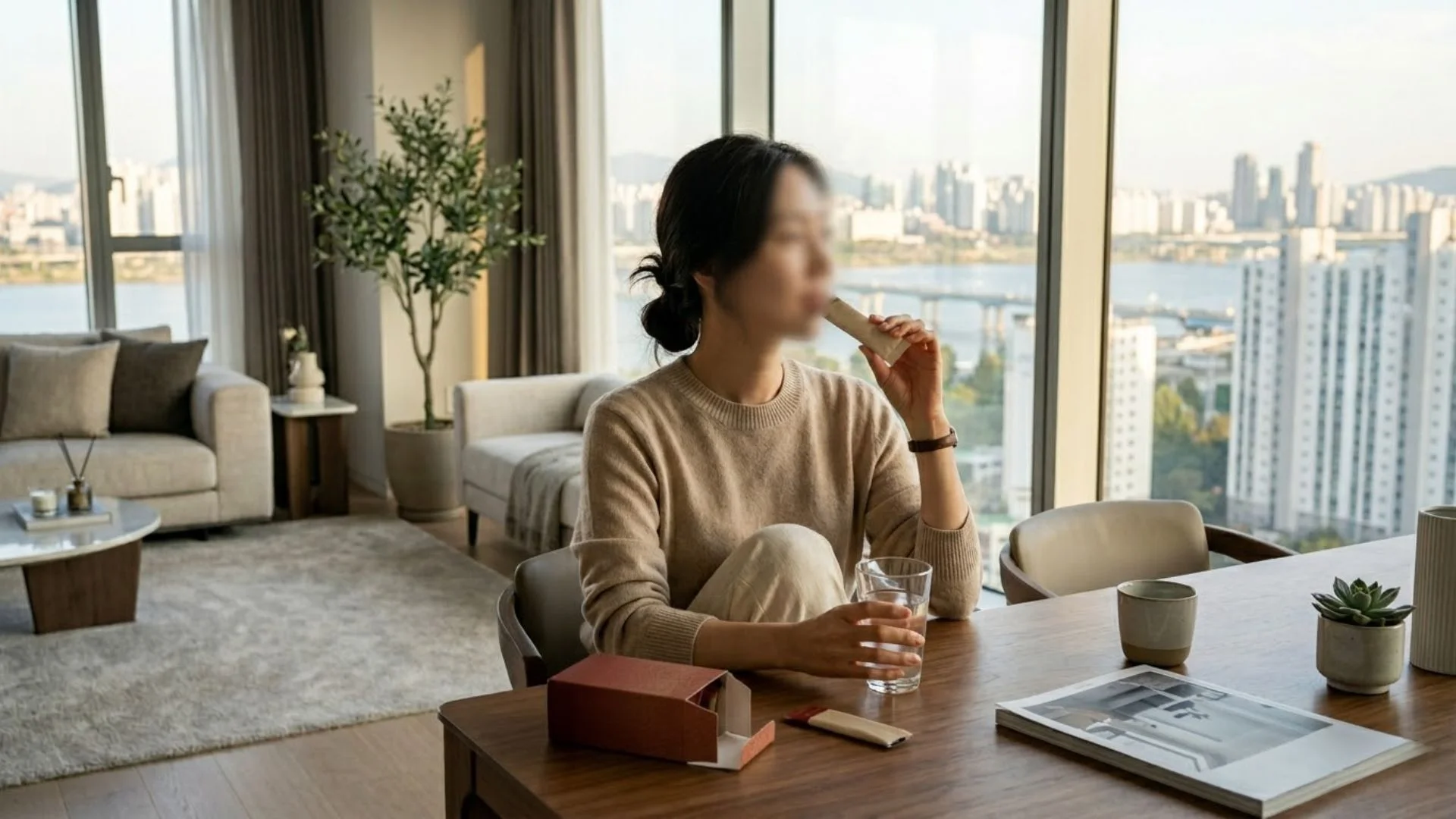 칙칙한 안색과 붓기 관리를 위해 카무트효소를 챙겨 먹으며 밝게 웃는 30대 여성