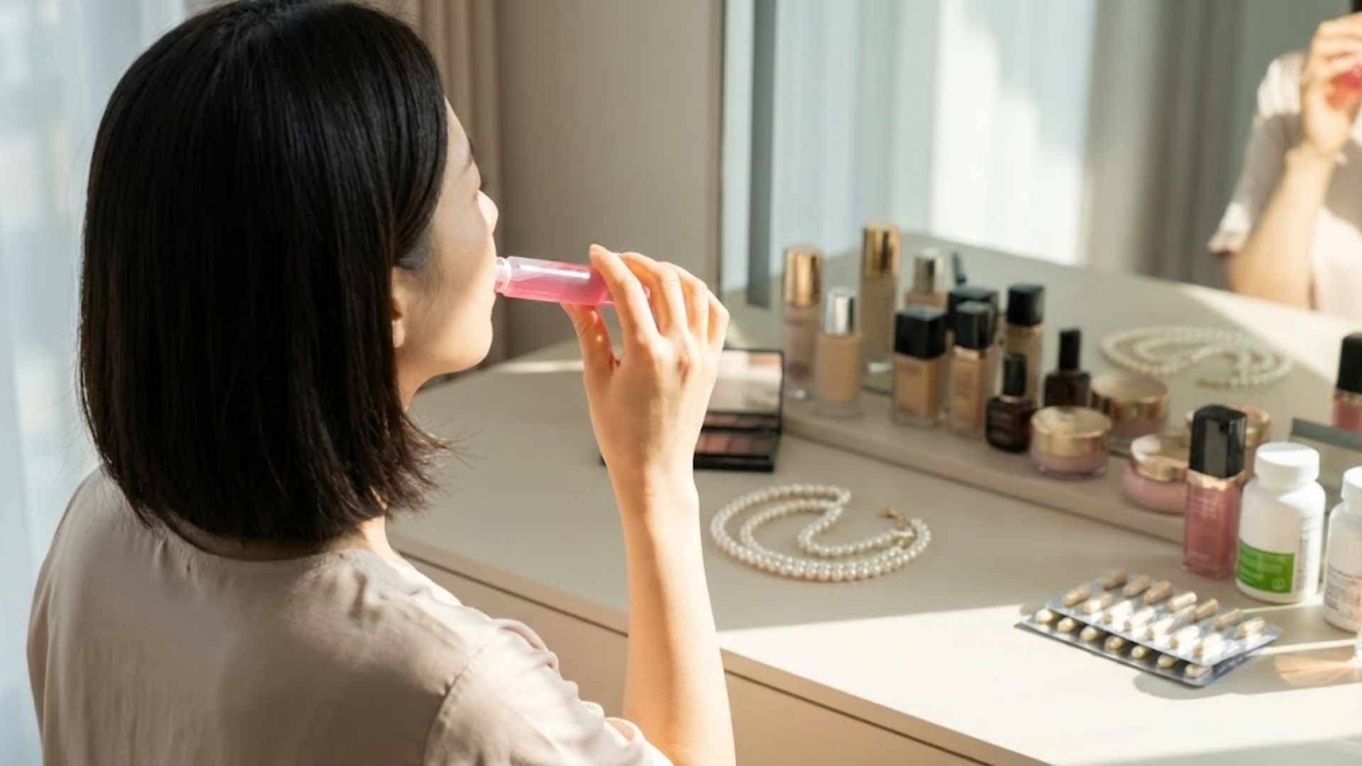 사무실 책상에서 간편하게 액상콜라겐을 마시는 30대 직장인 여성