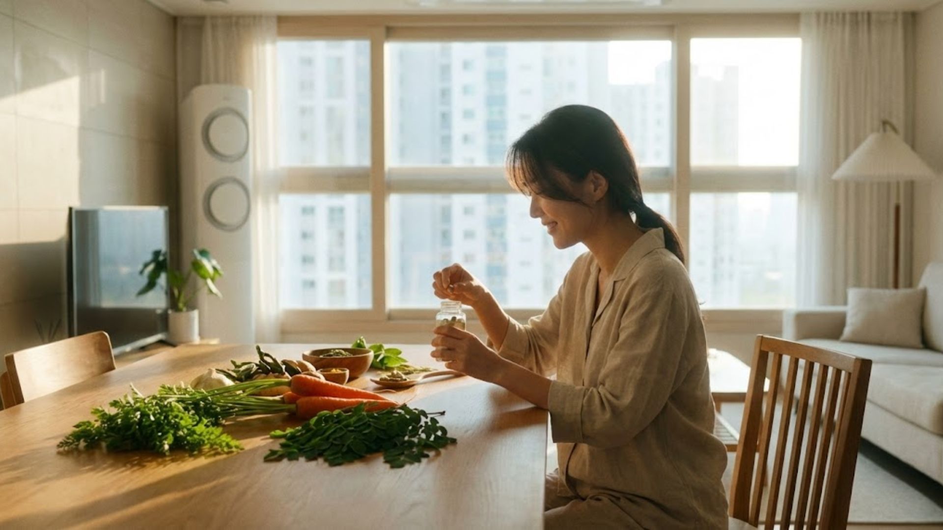 집에서 편안하게 먹는 레티놀 영양제를 섭취하는 30대 한국 여성