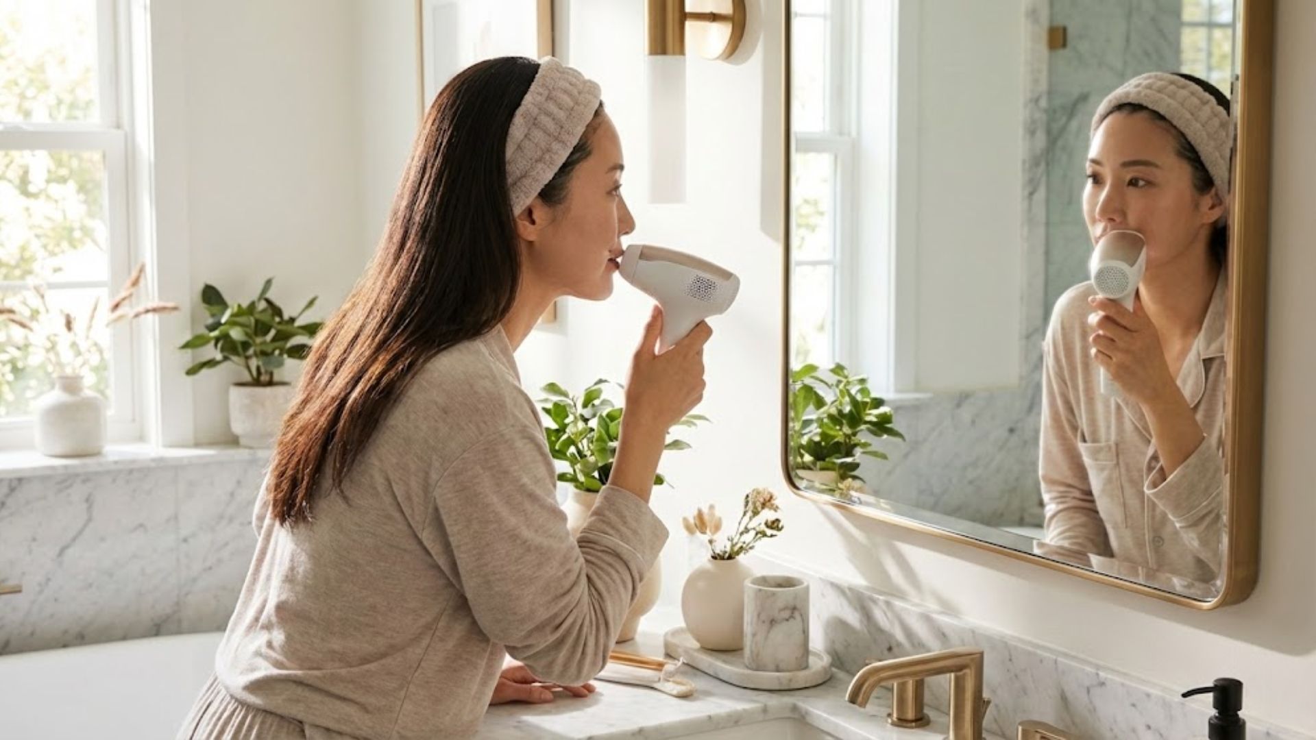 거울을 보며 가정용 레이저 제모기로 인중 부위를 관리하는 30대 여성