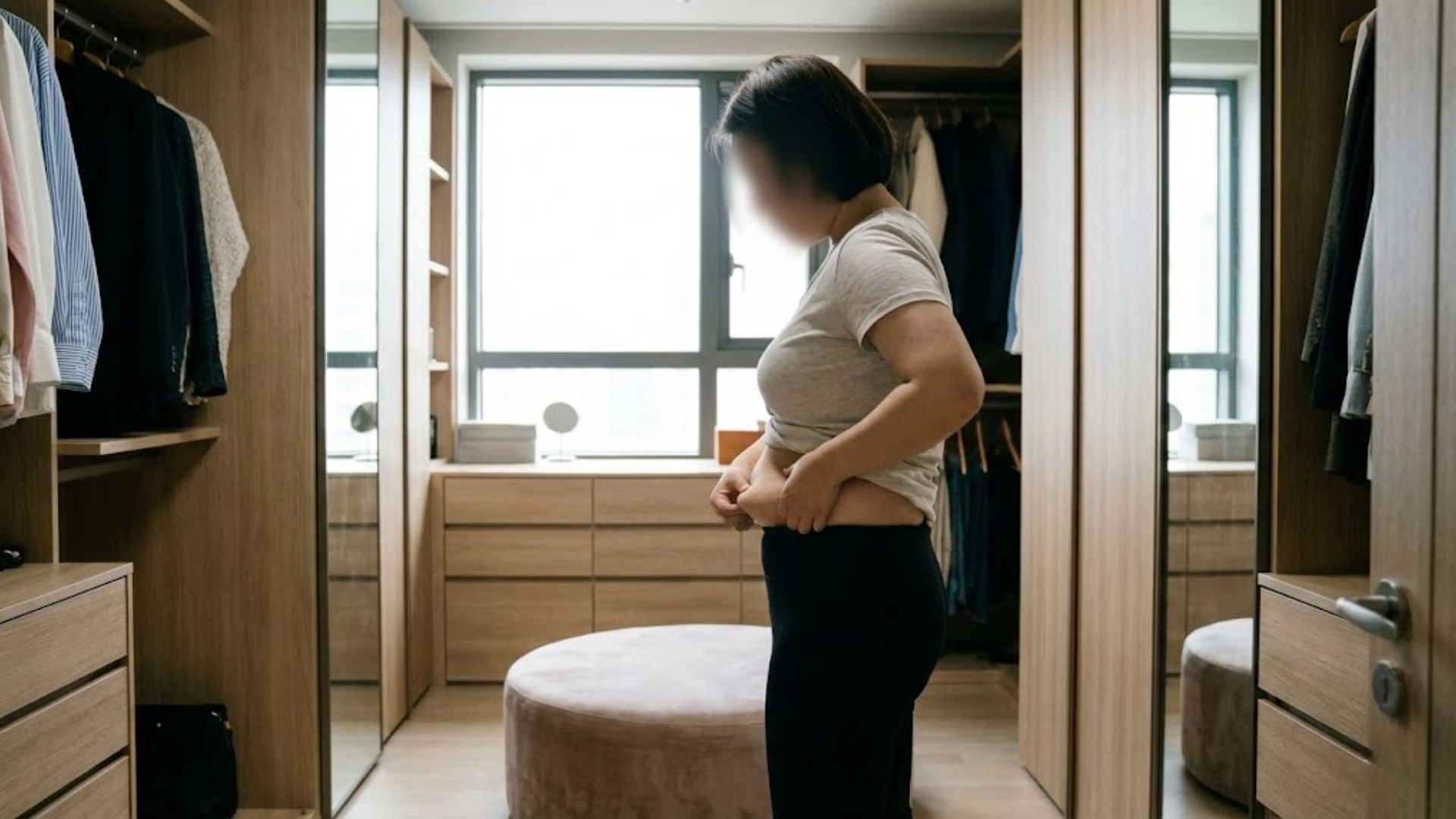 거울 앞에서 뱃살을 잡으며 내장지방없애는법을 고민하는 30대 한국 여성