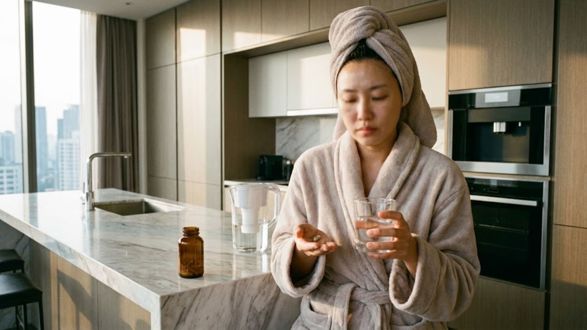 칙칙한 안색을 밝히기 위해 리포좀 글루타치온 흡수율을 고민하는 여성의 모습