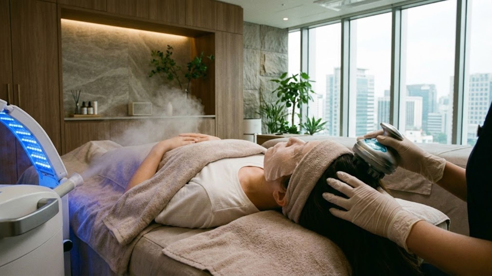 헤어라인 교정 후 편안하게 두피 진정 관리를 받고 있는 여성의 모습