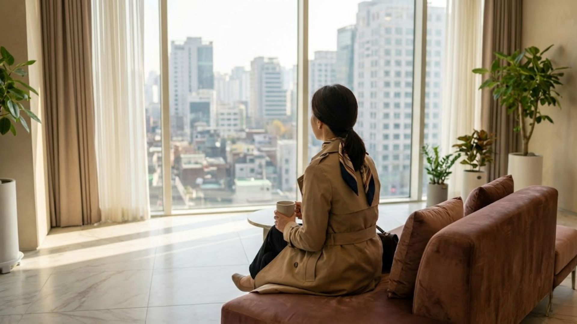 강남의 고급 피부과 라운지에서 편안하게 대기 중인 30대 여성의 뒷모습