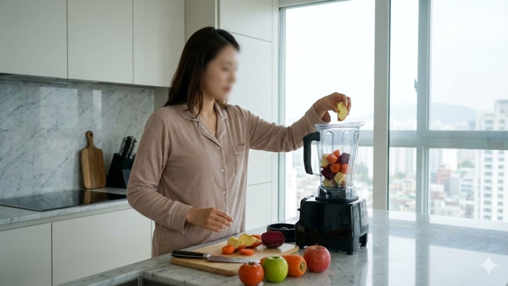 ABC주스 황금 비율인 사과 1, 당근 1, 비트 1/3을 준비하여 믹서기에 넣는 모습