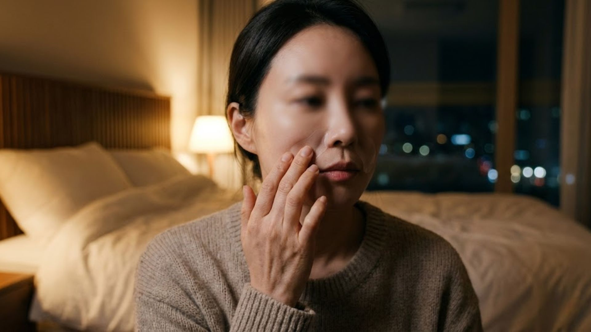 수면 중 주름이 깊어지는 것을 예방하기 위해 팔자주름패치를 활용한 팔자주름없애기 모습