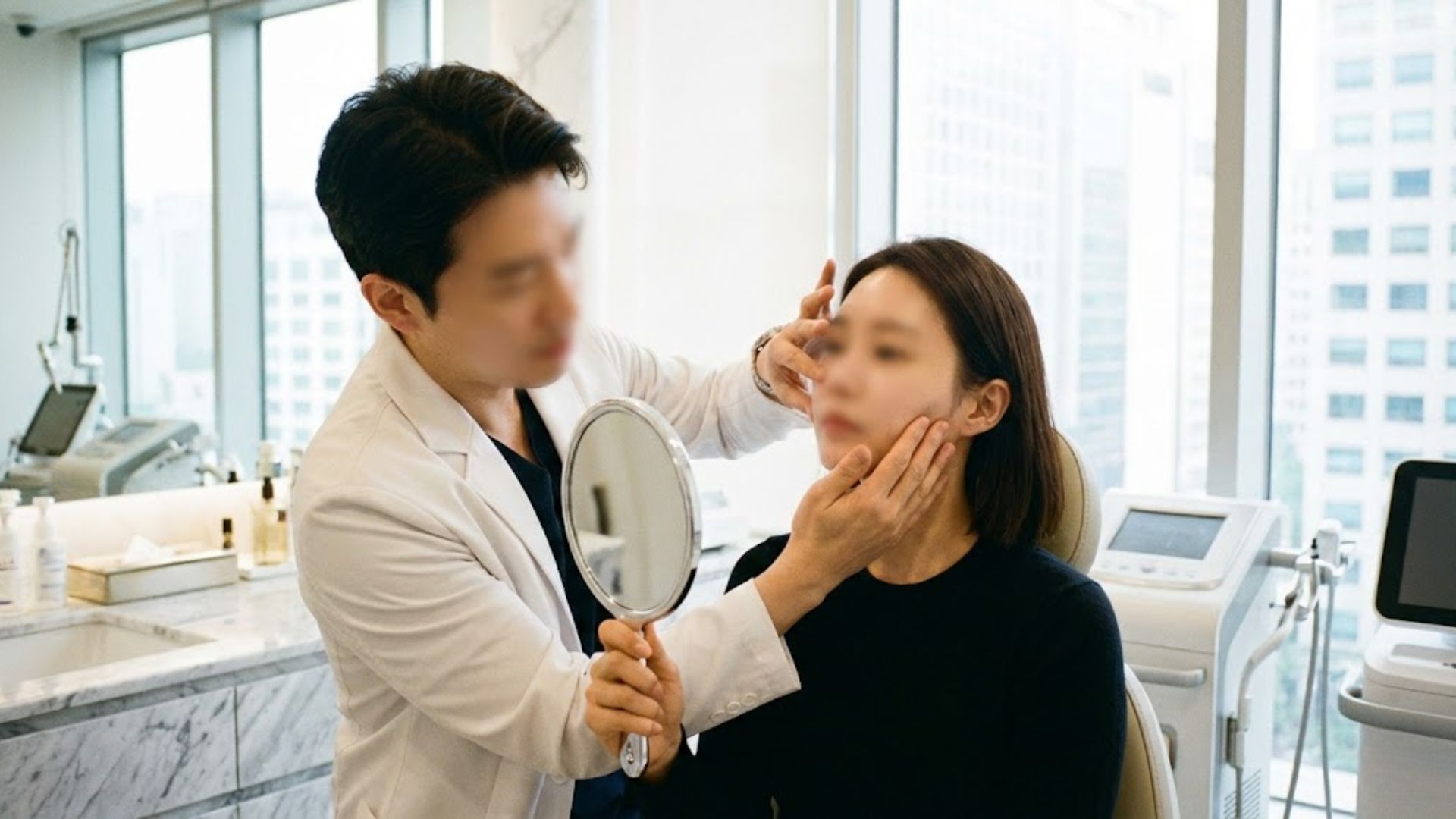 늘어진 앞볼을 당겨 올리는 실리프팅 등 시술 상담을 통한 팔자주름없애기 모습