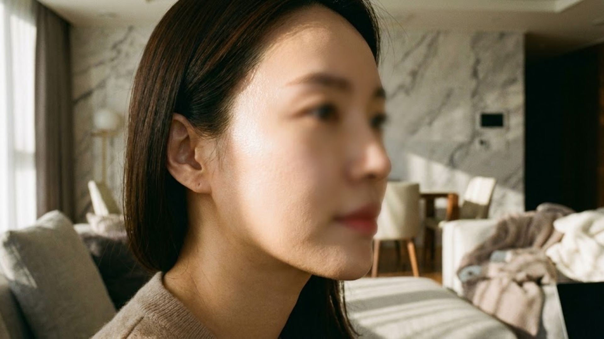 옆볼과 관자놀이 필러를 통해 땅콩형 얼굴 여백 줄이기 시술을 받은 후 부드러워진 얼굴선