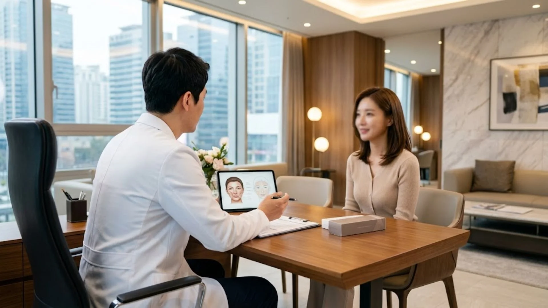 애교필러 후 발생할 수 있는 틴들현상을 막기 위한 신중한 눈밑필러 상담 모습