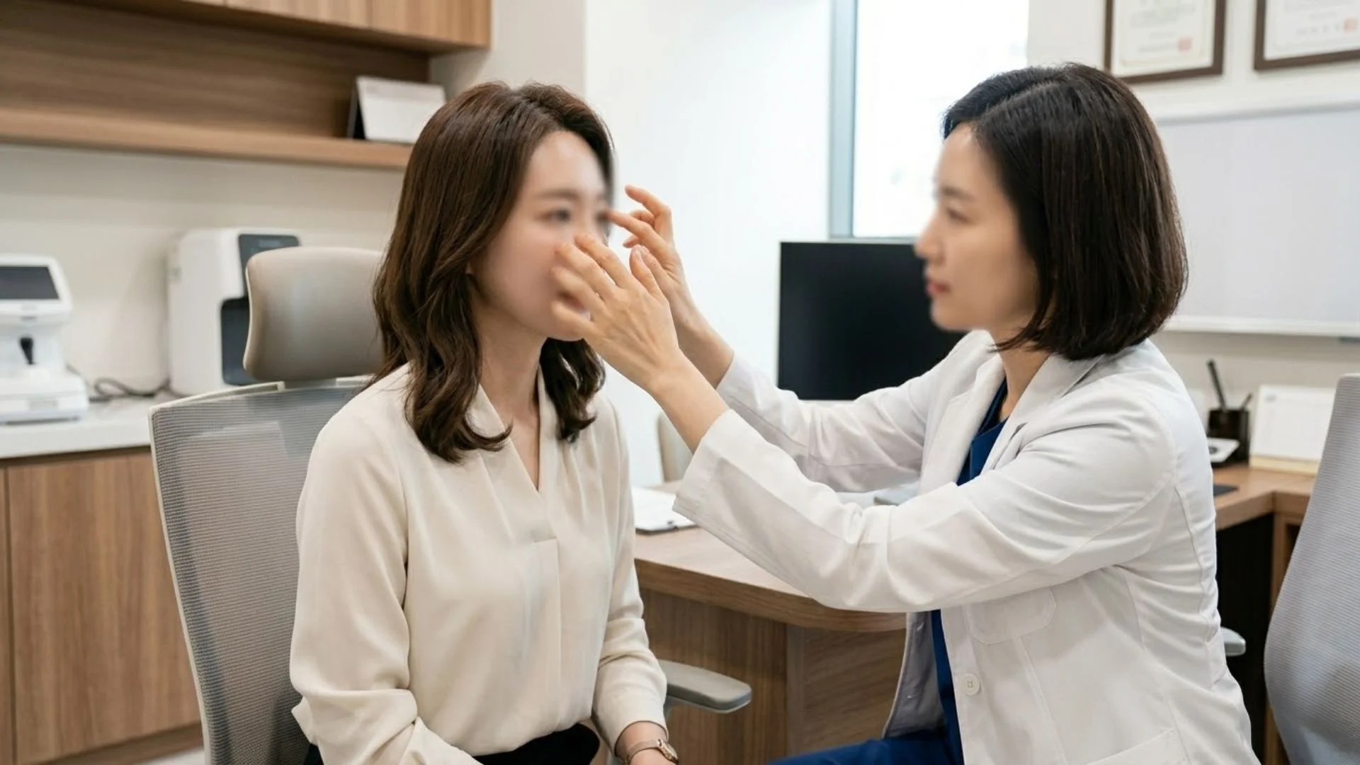 안검하수수술 전 전문의와 눈매교정 및 쌍꺼풀 라인을 꼼꼼하게 상담하는 모습