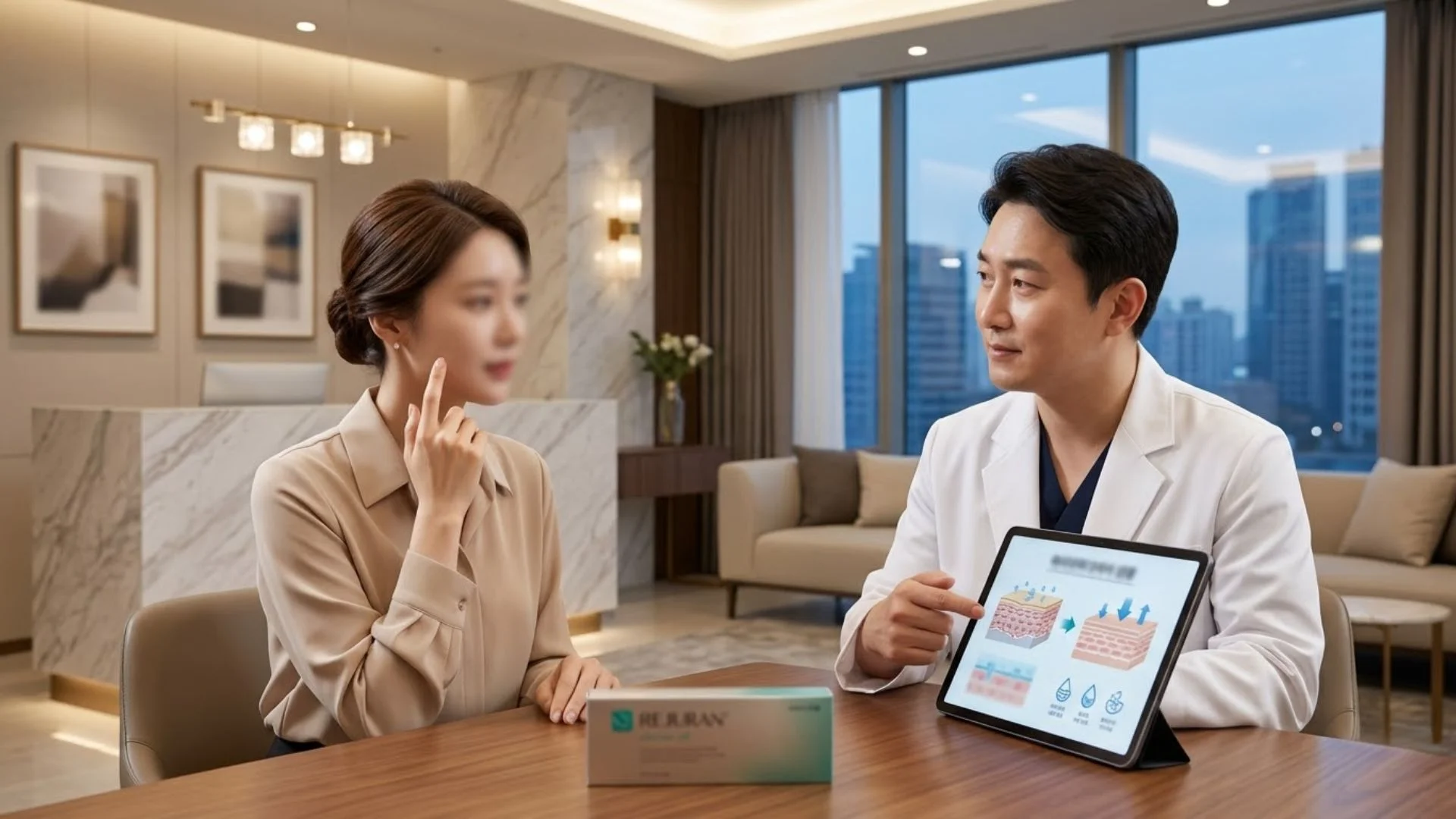 30대의 극심한 속건조와 피부 장벽 고민을 해결하기 위해 피부과에서 리쥬란 상담을 받는 모습