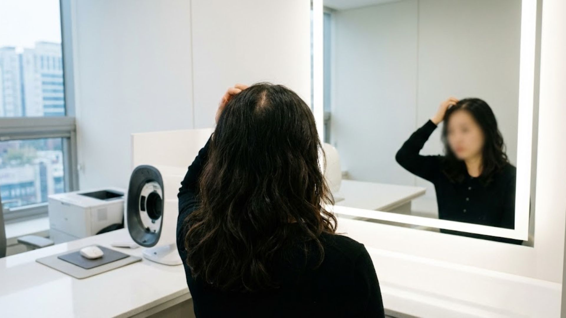 두피보톡스 상담을 위해 자신의 가르마와 두피 상태를 체크하고 있는 30대 여성의 뒷모습