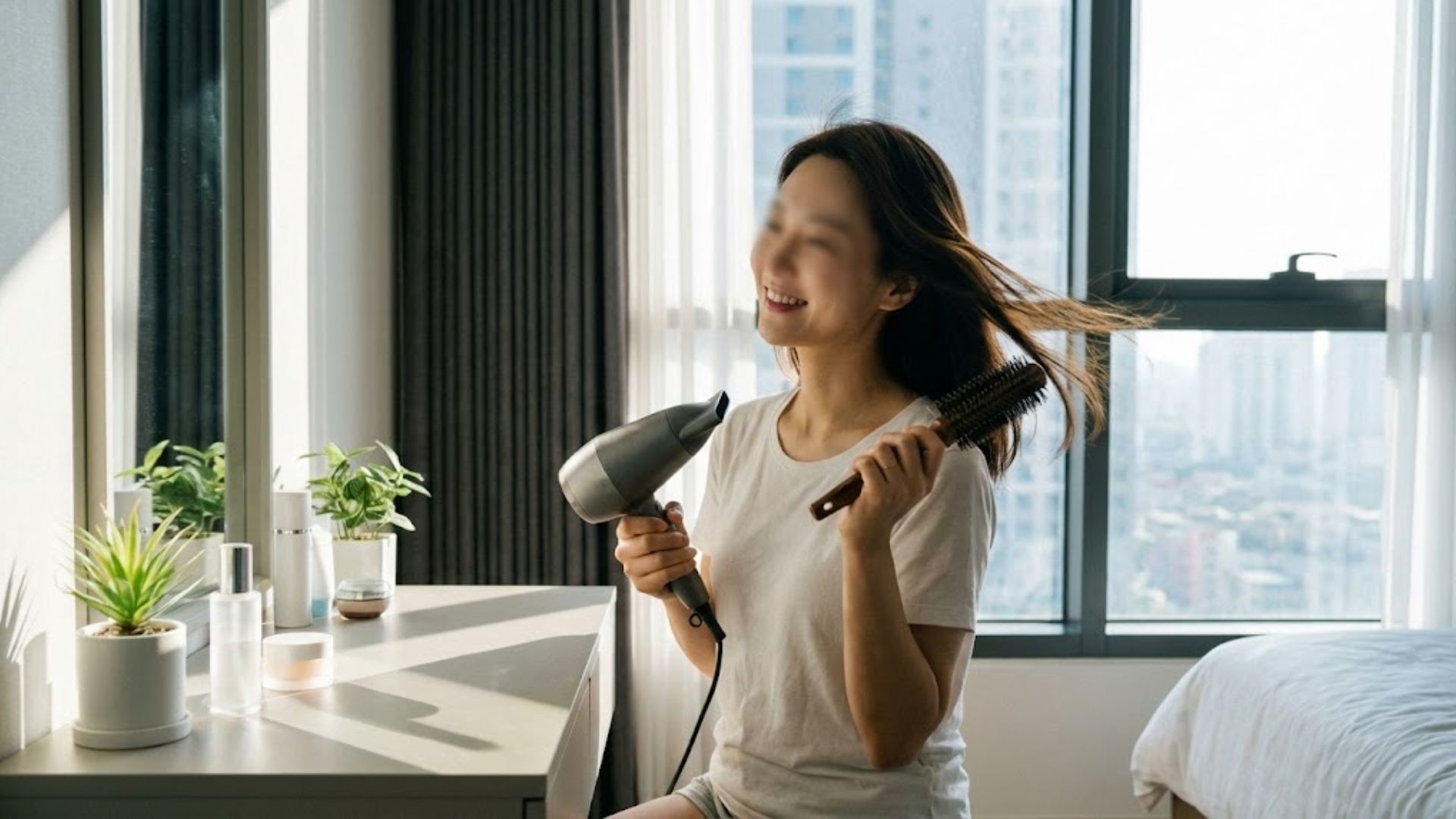 두피보톡스 시술 후 집에서 찬바람으로 머리를 말리며 관리하는 여성