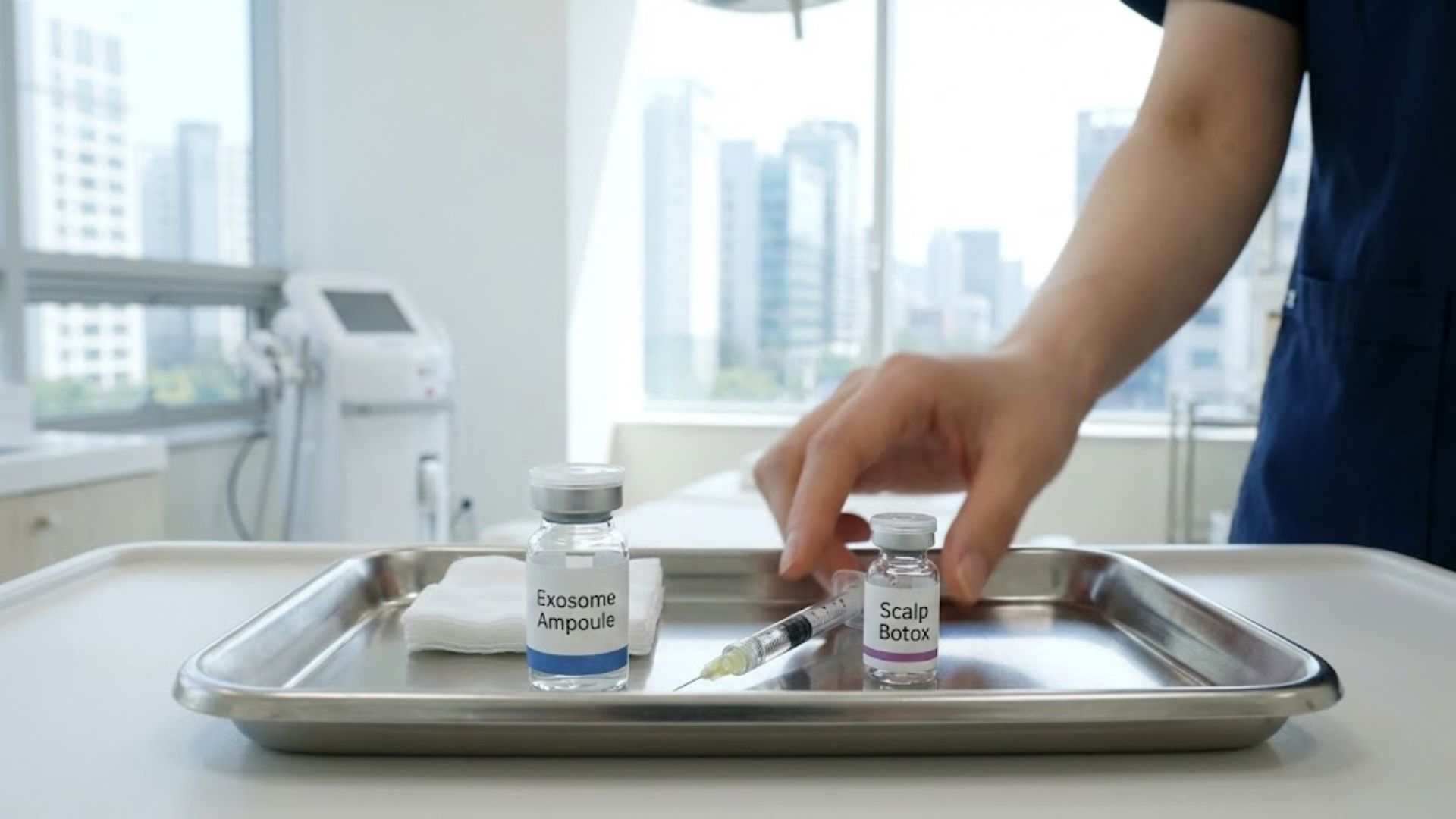 두피보톡스와 함께 사용되는 최신 두피 엑소좀 앰플과 의료용 주사기 트레이